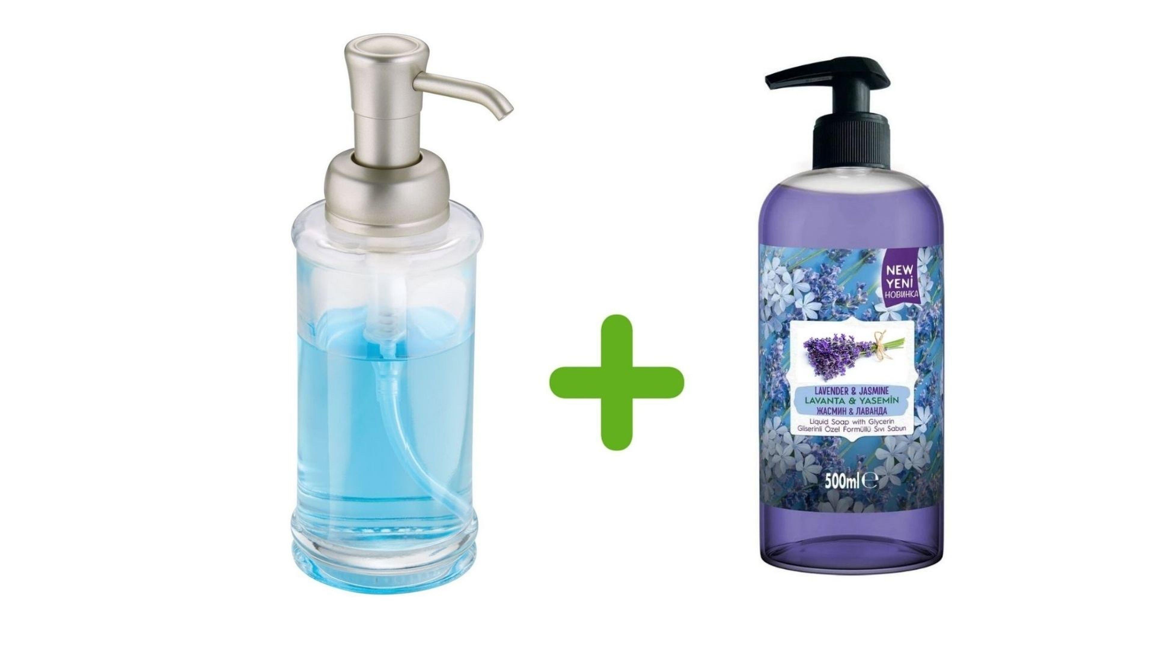 Cam Sıvı Sabunluk Ve 1 Adet 500 Ml Sıvı Sabun Lavanta Kokulu