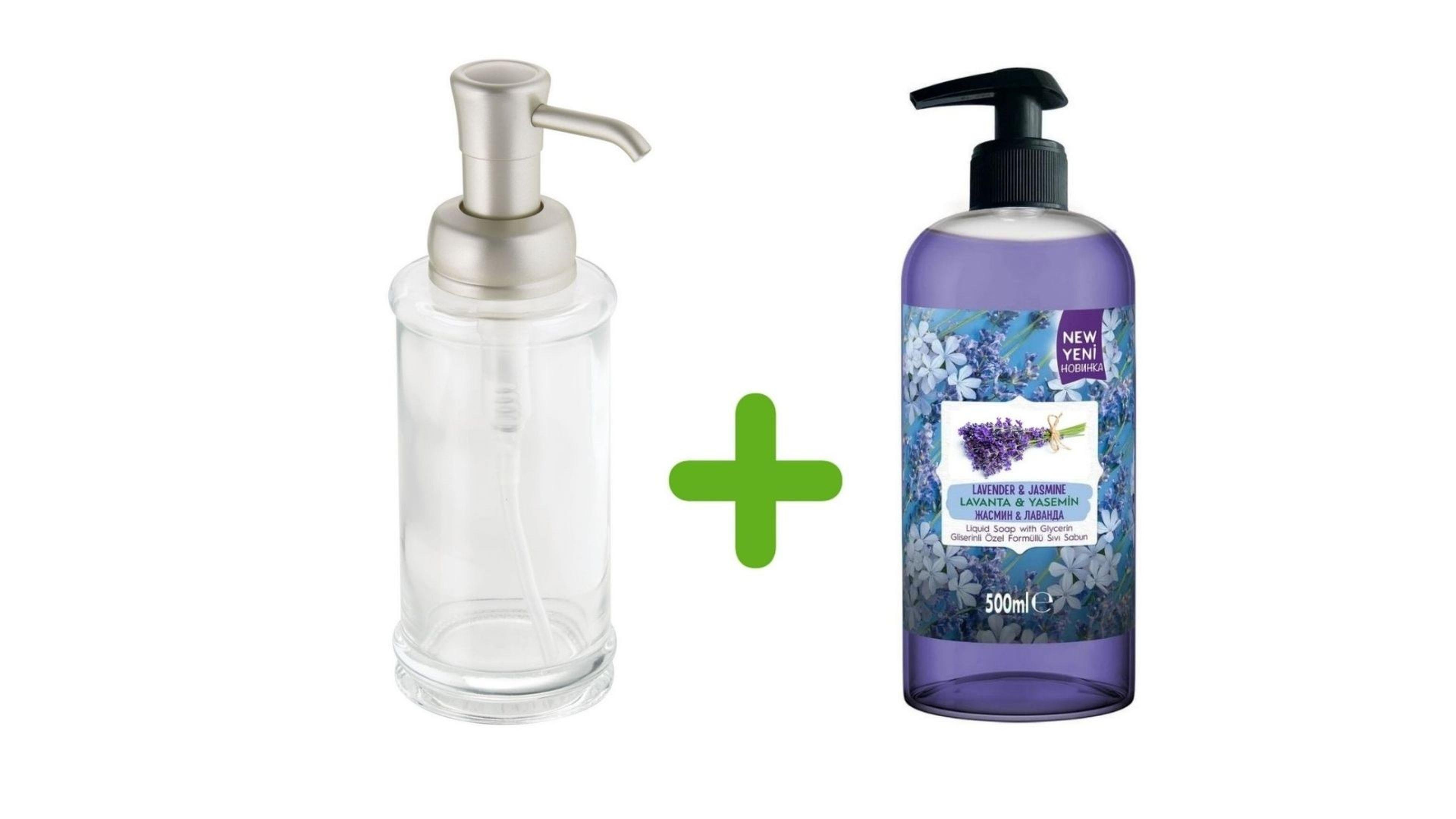 Cam Sıvı Sabunluk Ve 1 Adet 500 Ml Sıvı Sabun Lavanta Kokulu