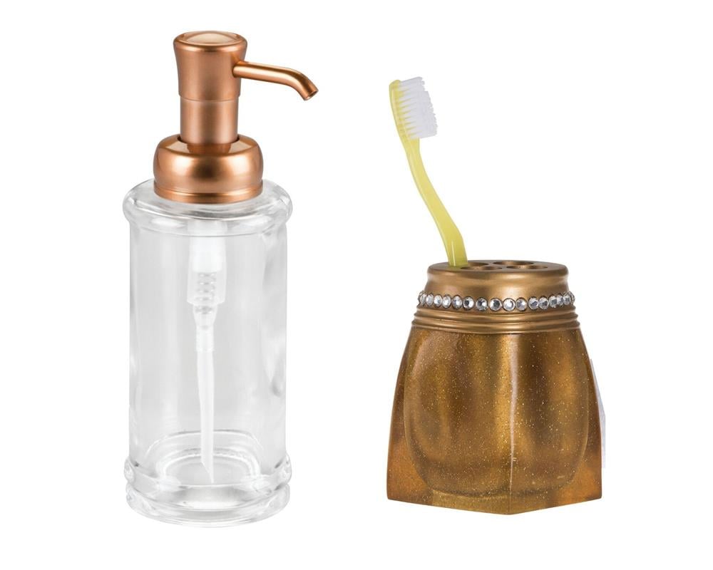 Cam Sıvı Sabunluk Ve Taşlı Altın Diş Fırçalık 2 Li Banyo Seti