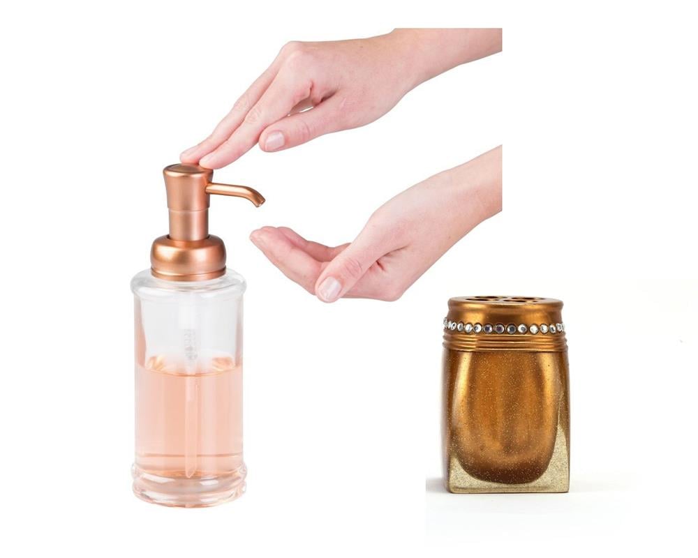 Cam Sıvı Sabunluk Ve Taşlı Altın Diş Fırçalık 2 Li Banyo Seti