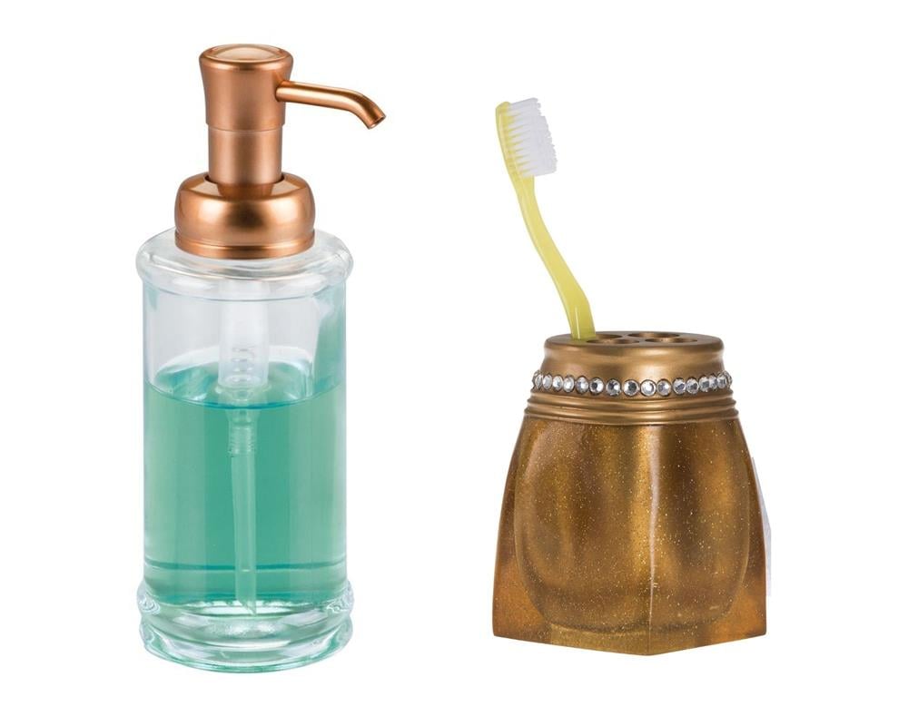 Cam Sıvı Sabunluk Ve Taşlı Altın Diş Fırçalık 2 Li Banyo Seti