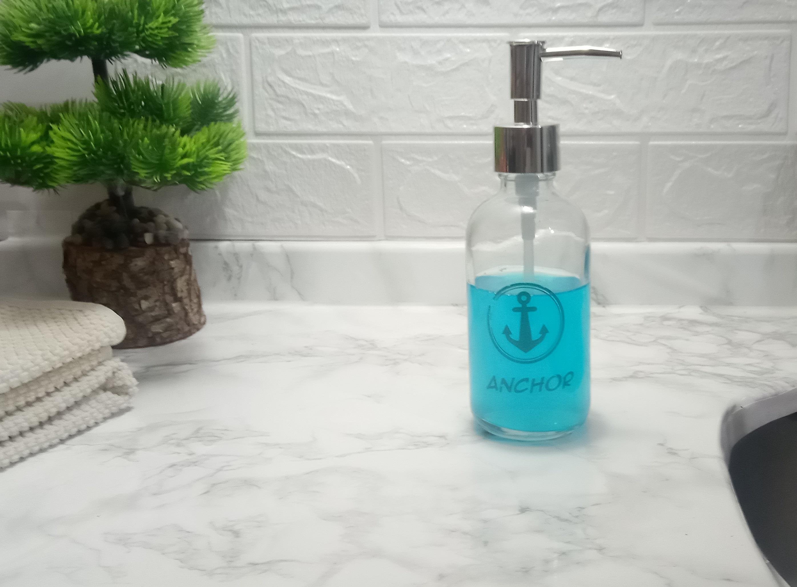 Cam Sıvı Sabunluk,Çapa Yazılı 6x6x10cm 250ml