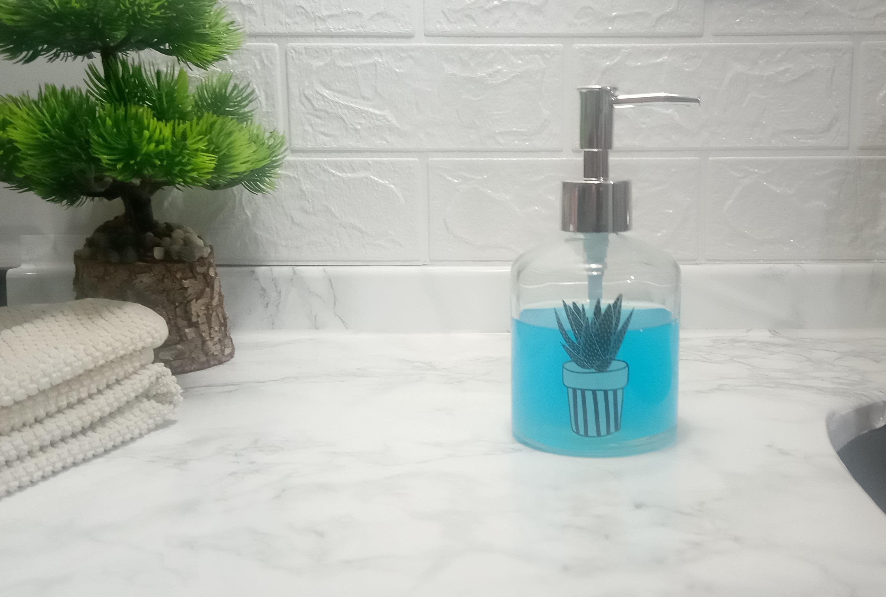 Cam Sıvı Sabunluk,Kaktüs 1 Desen 300Ml Banyo Seti 7,6X15,5Cm