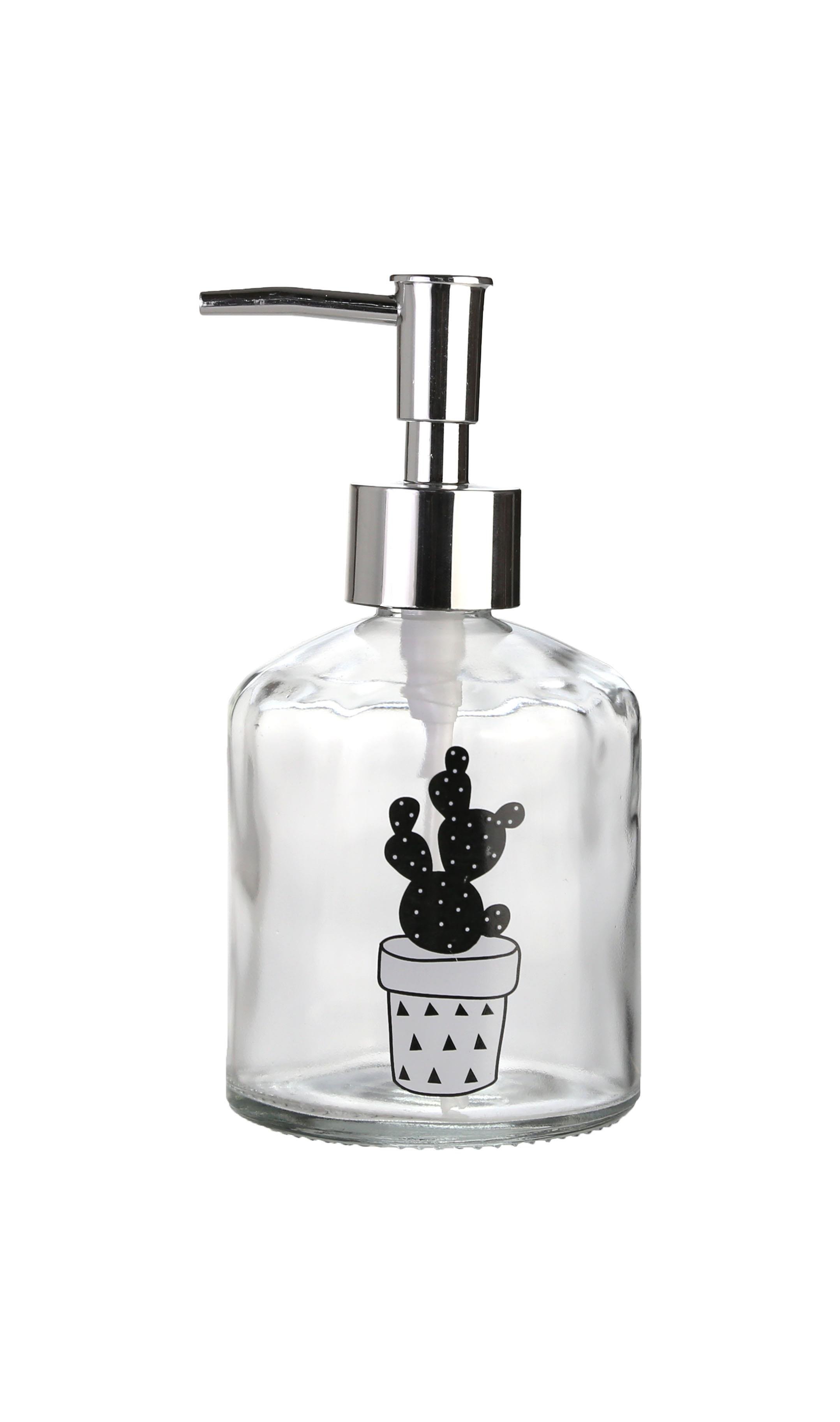 Cam Sıvı Sabunluk,Kaktüs 2 Desen 300Ml Banyo Seti  7,6X15,5Cm
