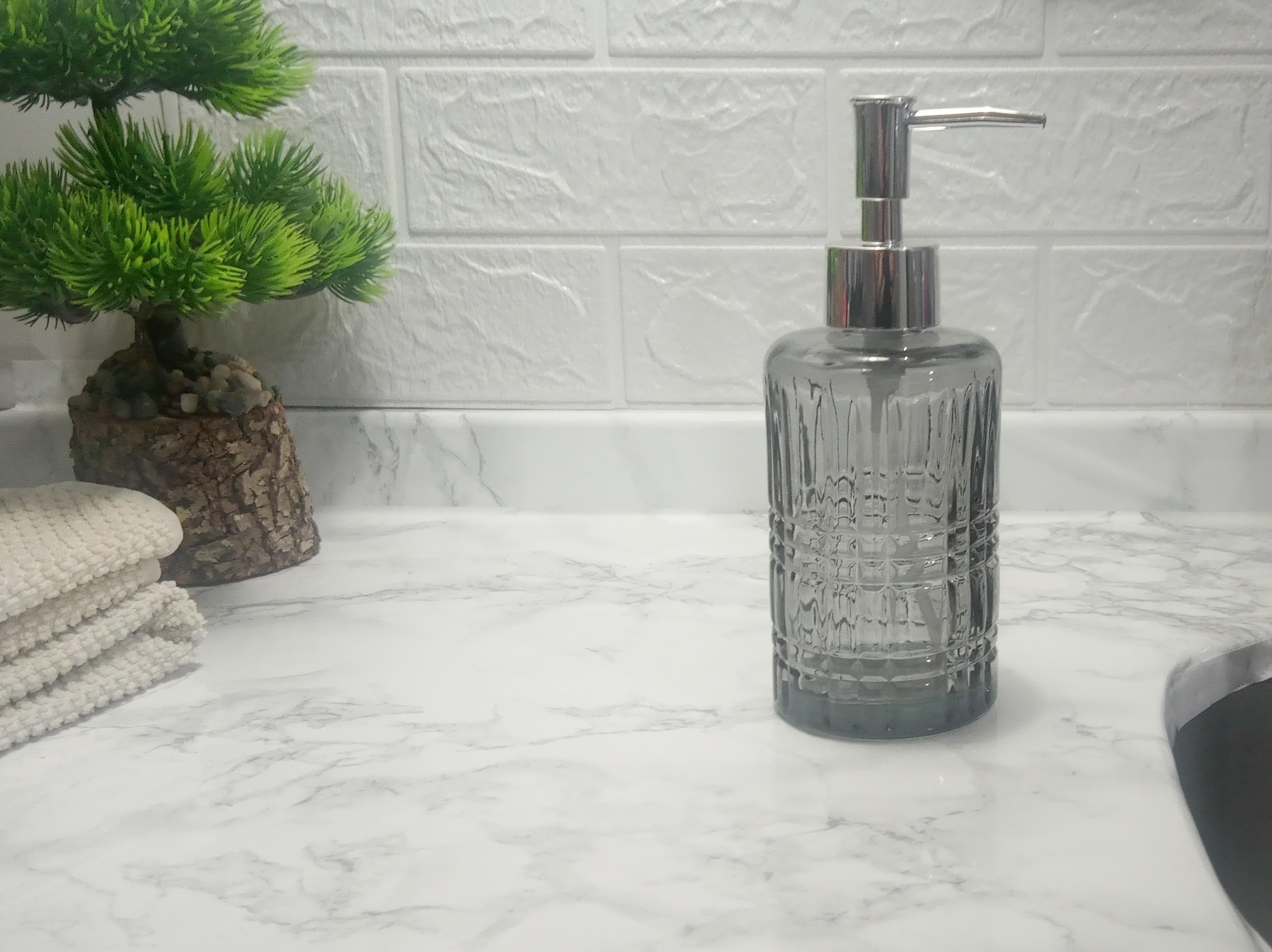 Cam Sıvı Sabunluk,Kristal Desenli Gri 300Ml Banyo Seti   6,8X17,6Cm