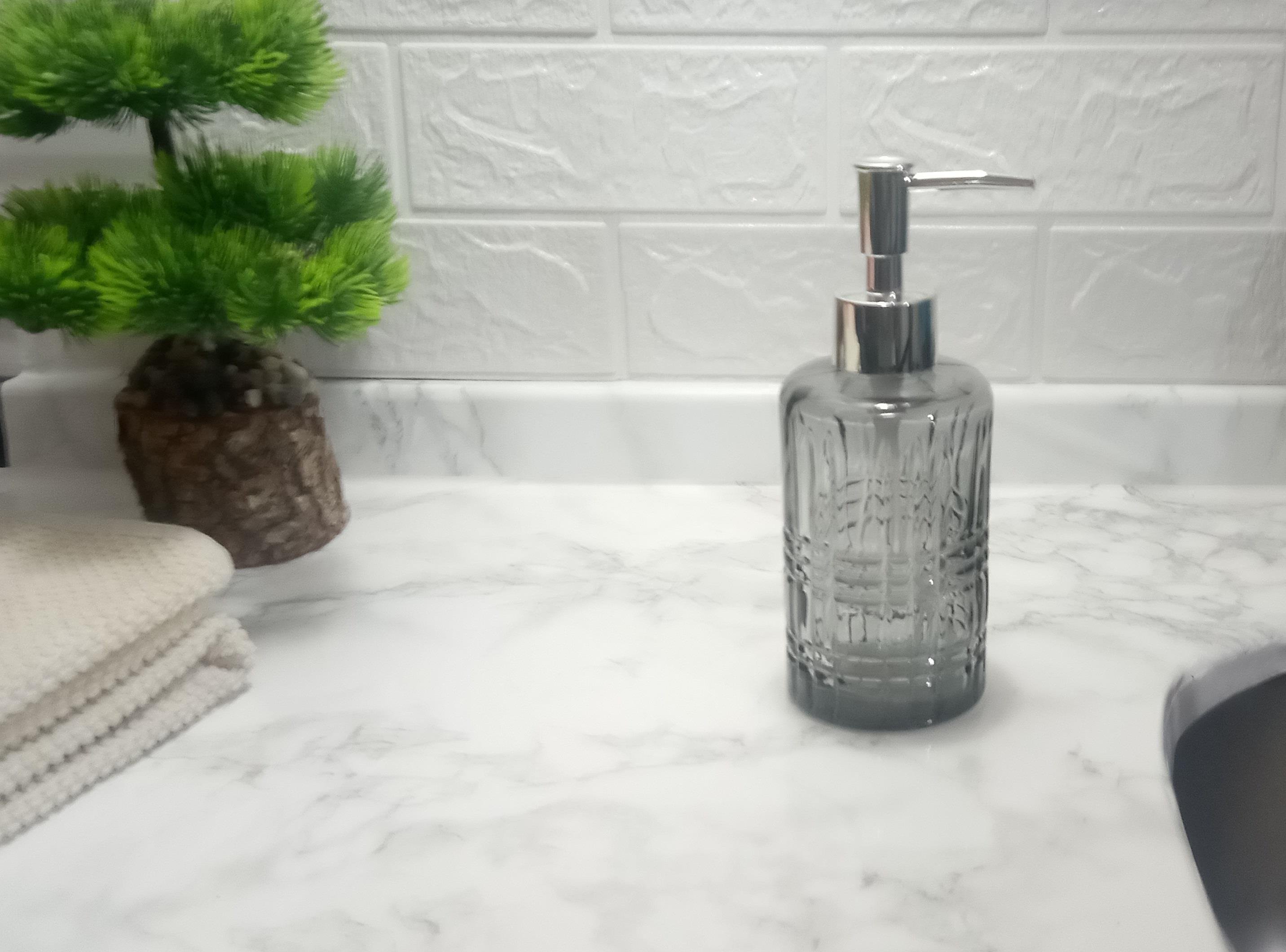 Cam Sıvı Sabunluk,Kristal Desenli Gri 300Ml Banyo Seti   6,8X17,6Cm