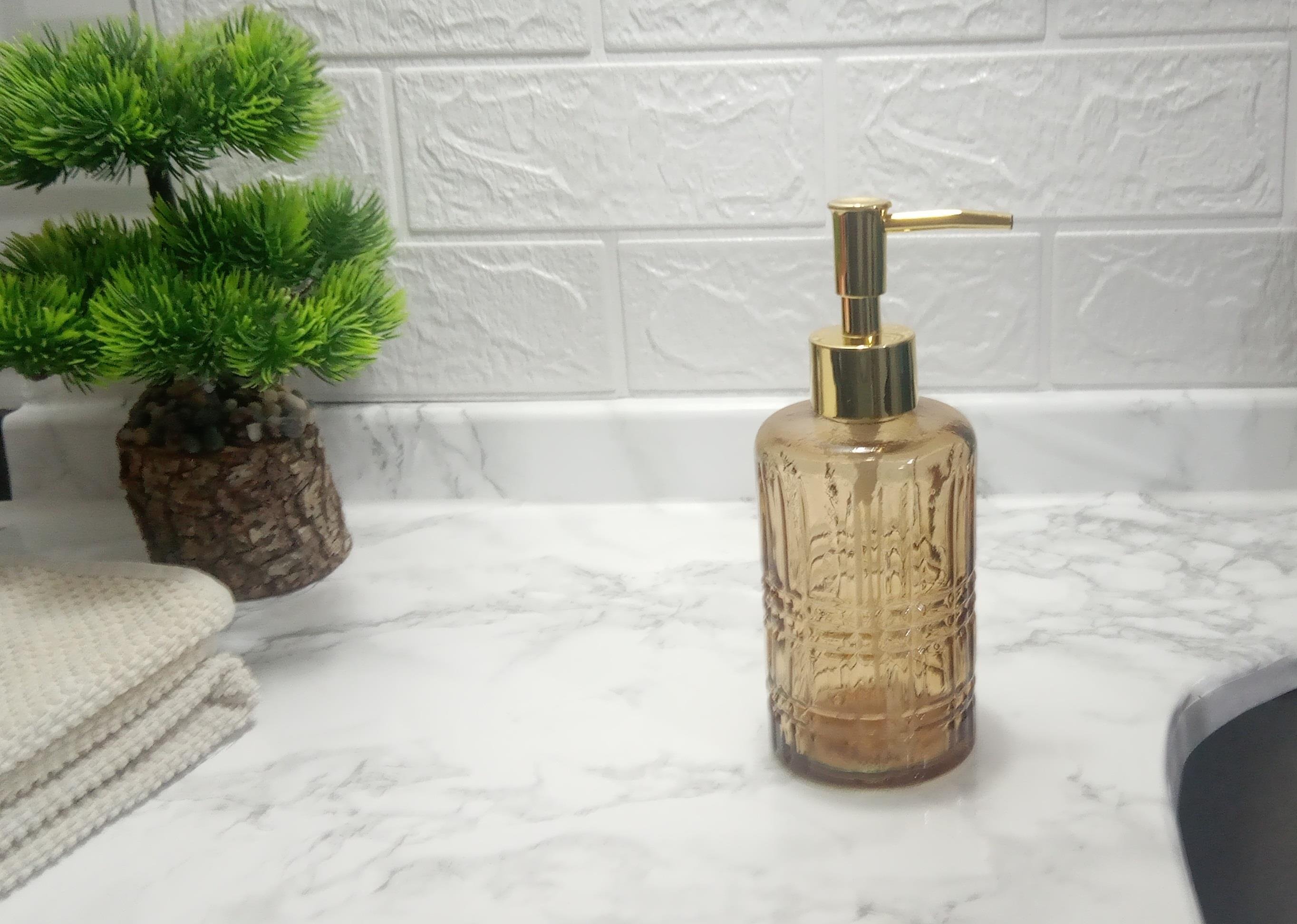 Cam Sıvı Sabunluk,Kristal Desenli Kahverengi 300Ml Banyo Seti   6,8X17,6Cm