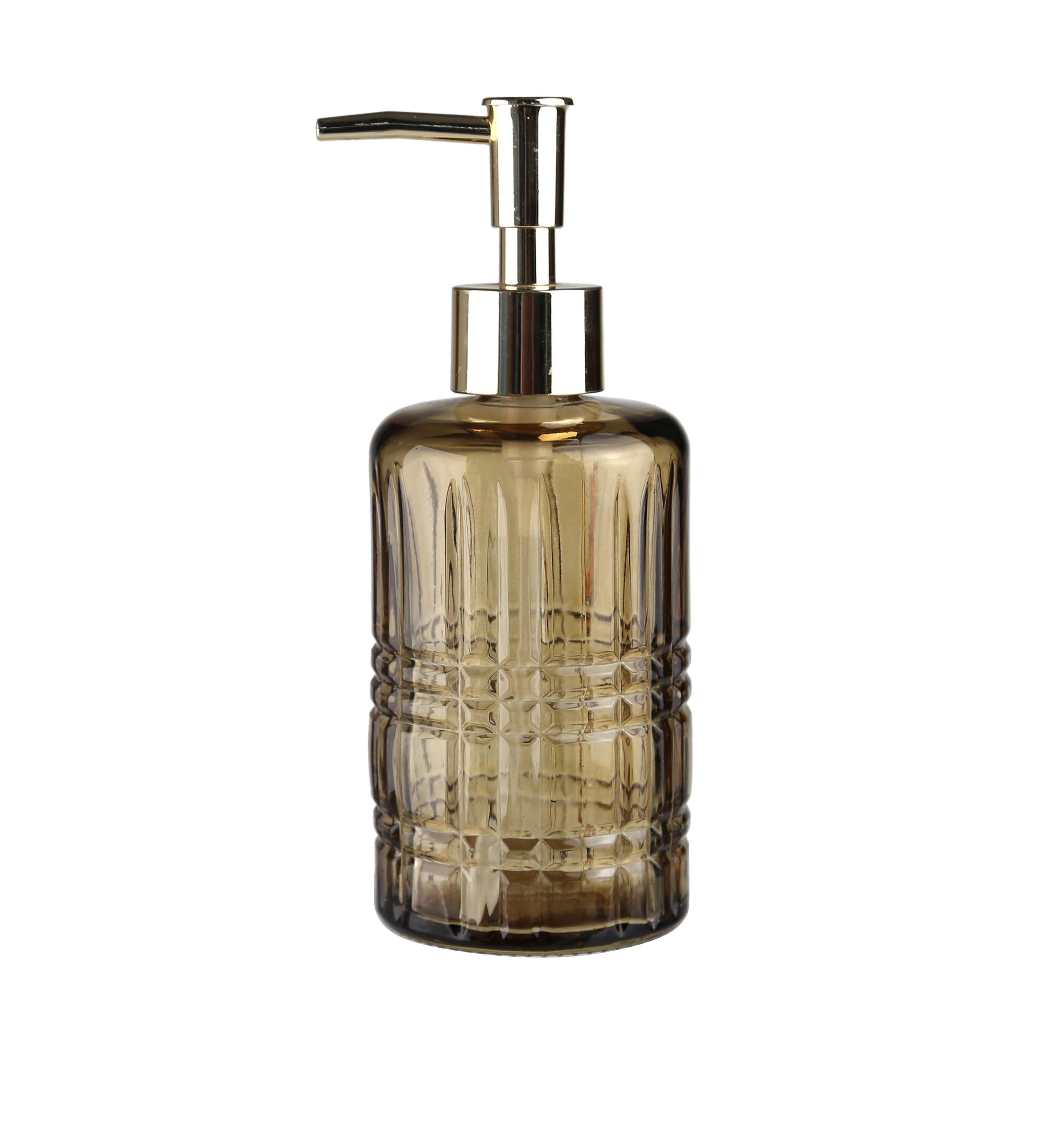 Cam Sıvı Sabunluk,Kristal Desenli Kahverengi 300Ml Banyo Seti   6,8X17,6Cm