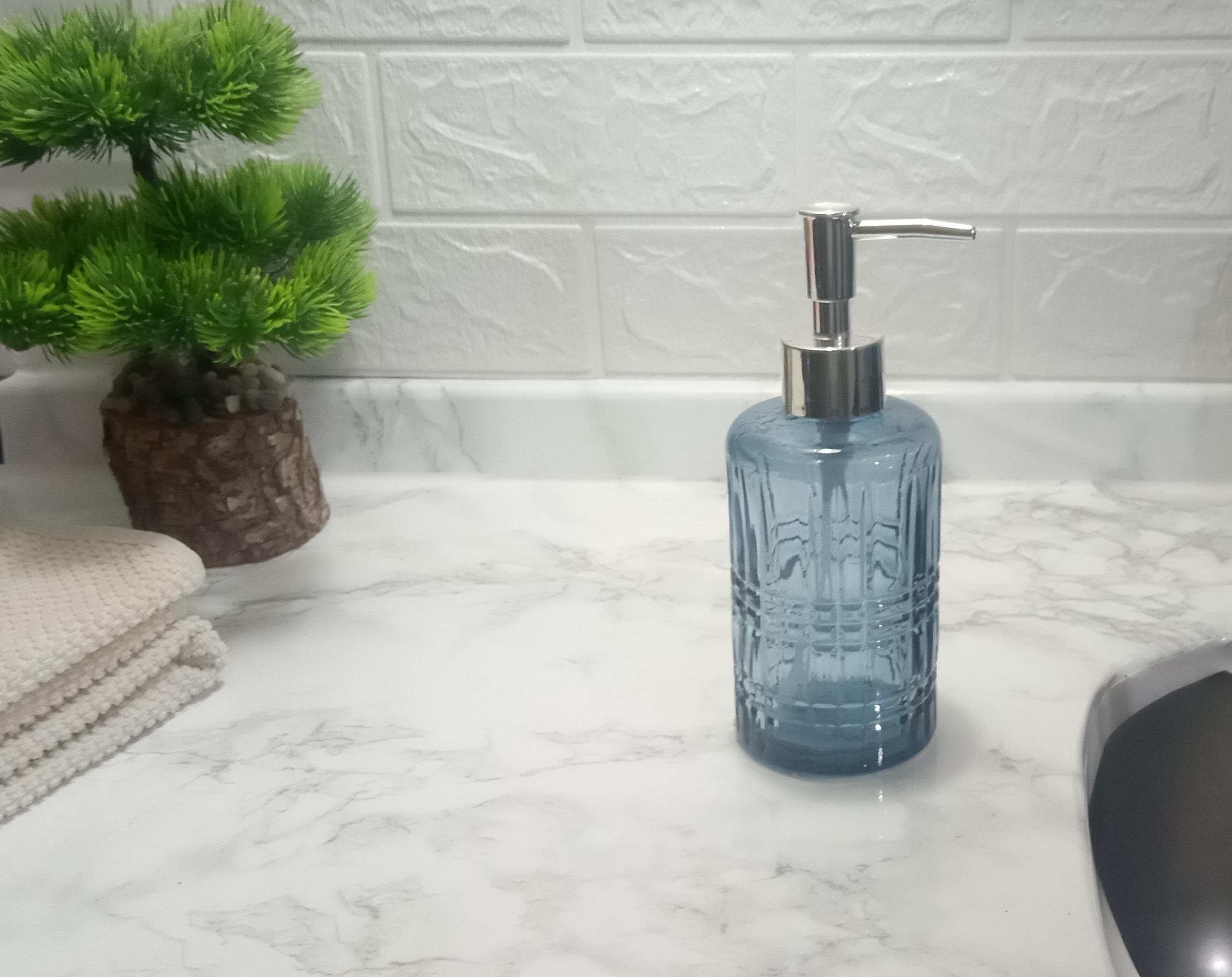 Cam Sıvı Sabunluk,Kristal Desenli Mavi 300Ml  Banyo Seti  6,8X17,6Cm