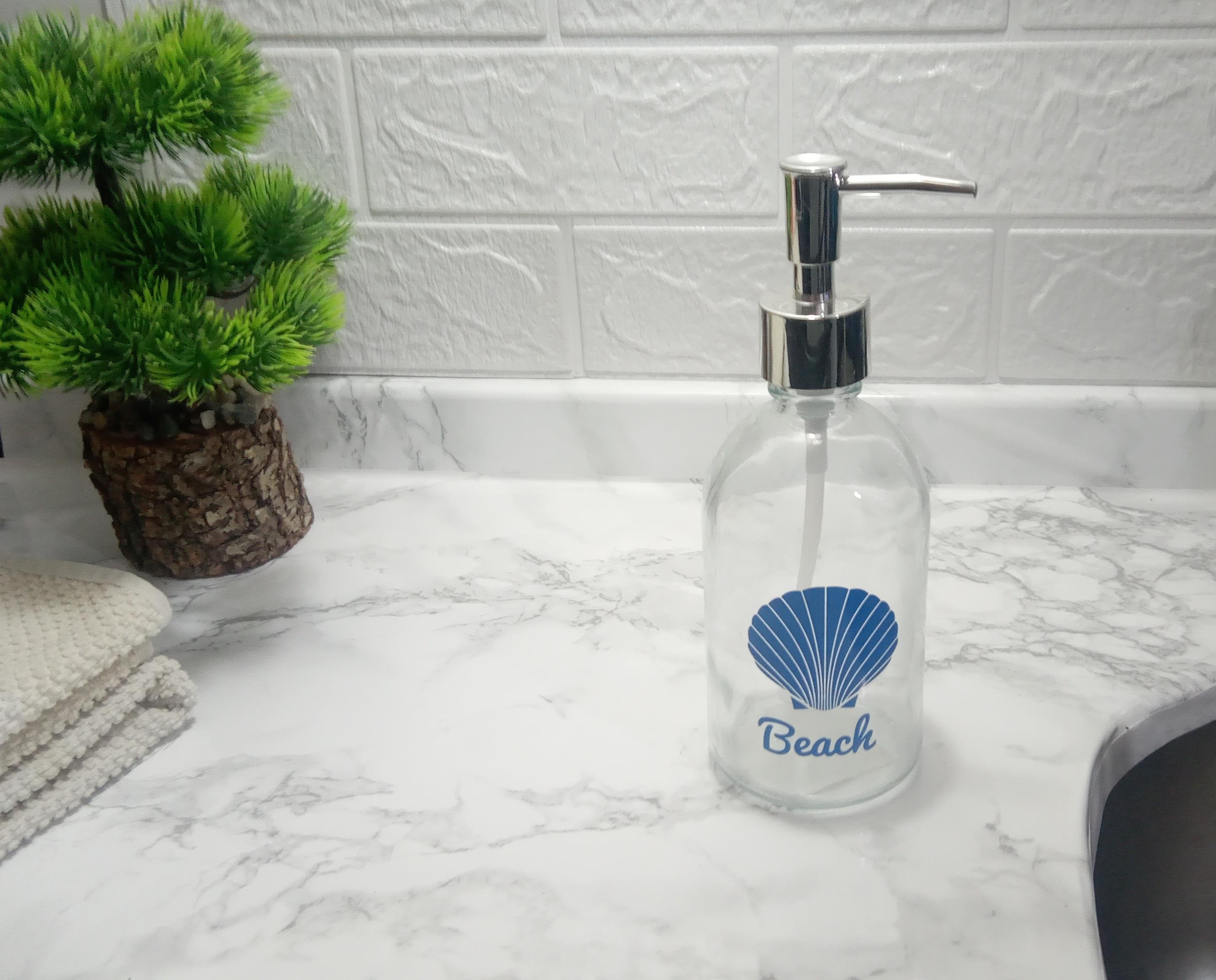 Cam Sıvı Sabunluk,Plaj Yazılı 7x7x20cm360ml Banyo Seti 