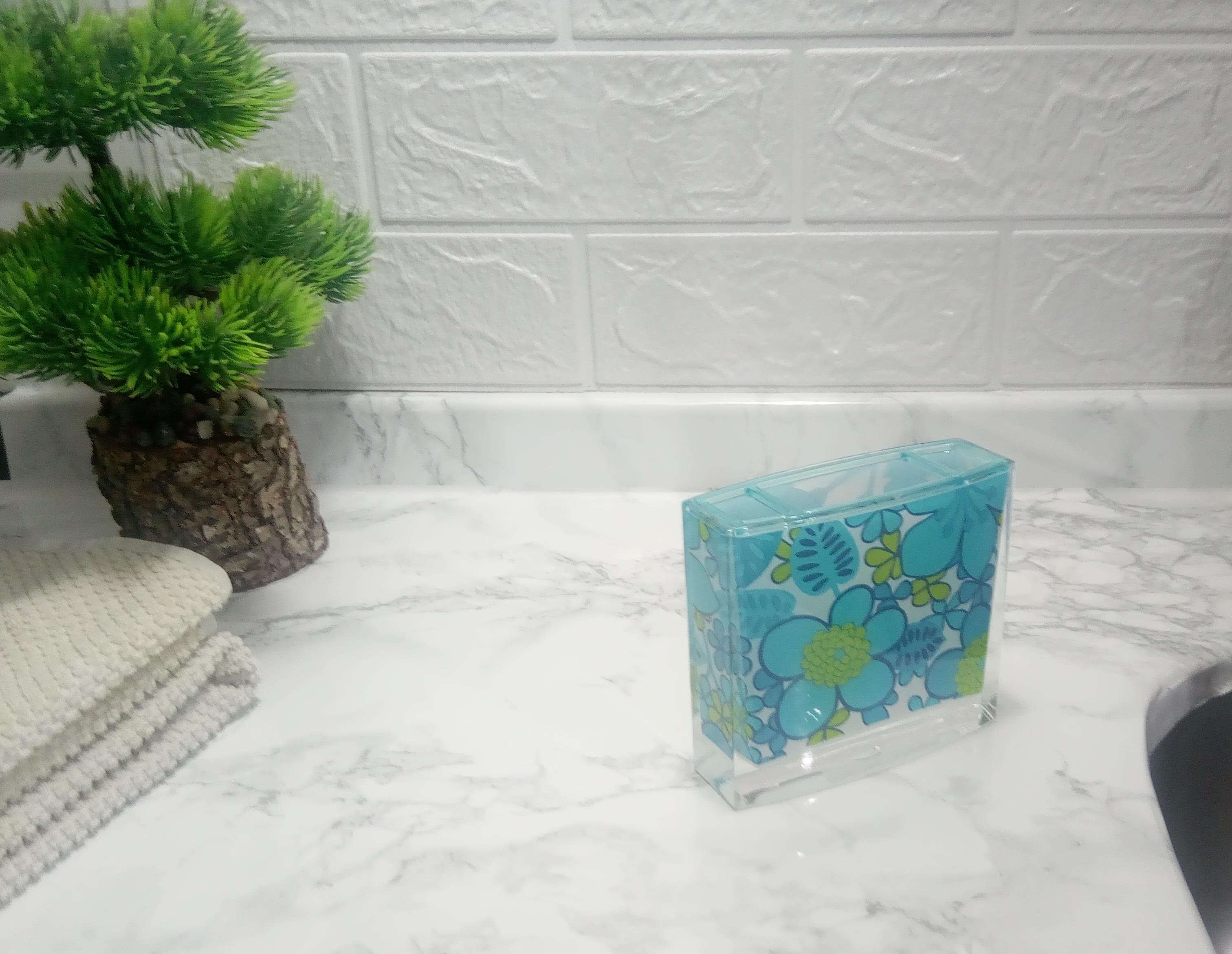 Diş Fırçalık Mavi Çiçekli Akrilik 10x10x3cm