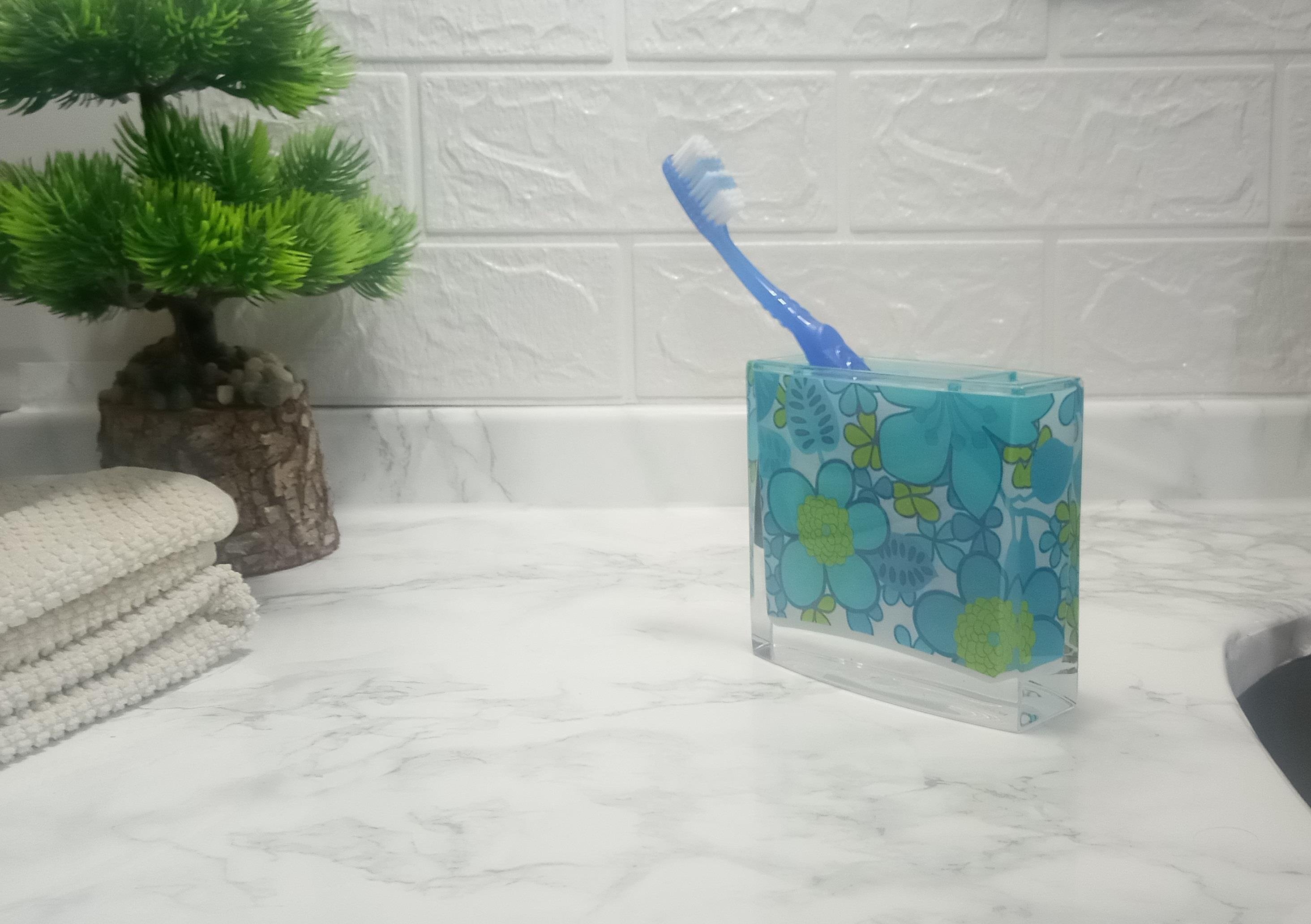 Diş Fırçalık Mavi Çiçekli Akrilik 10x10x3cm