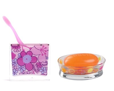 Diş fırçalık sabunluk 2 Li Banyo Seti,Pembe Çiçekli Akrilik