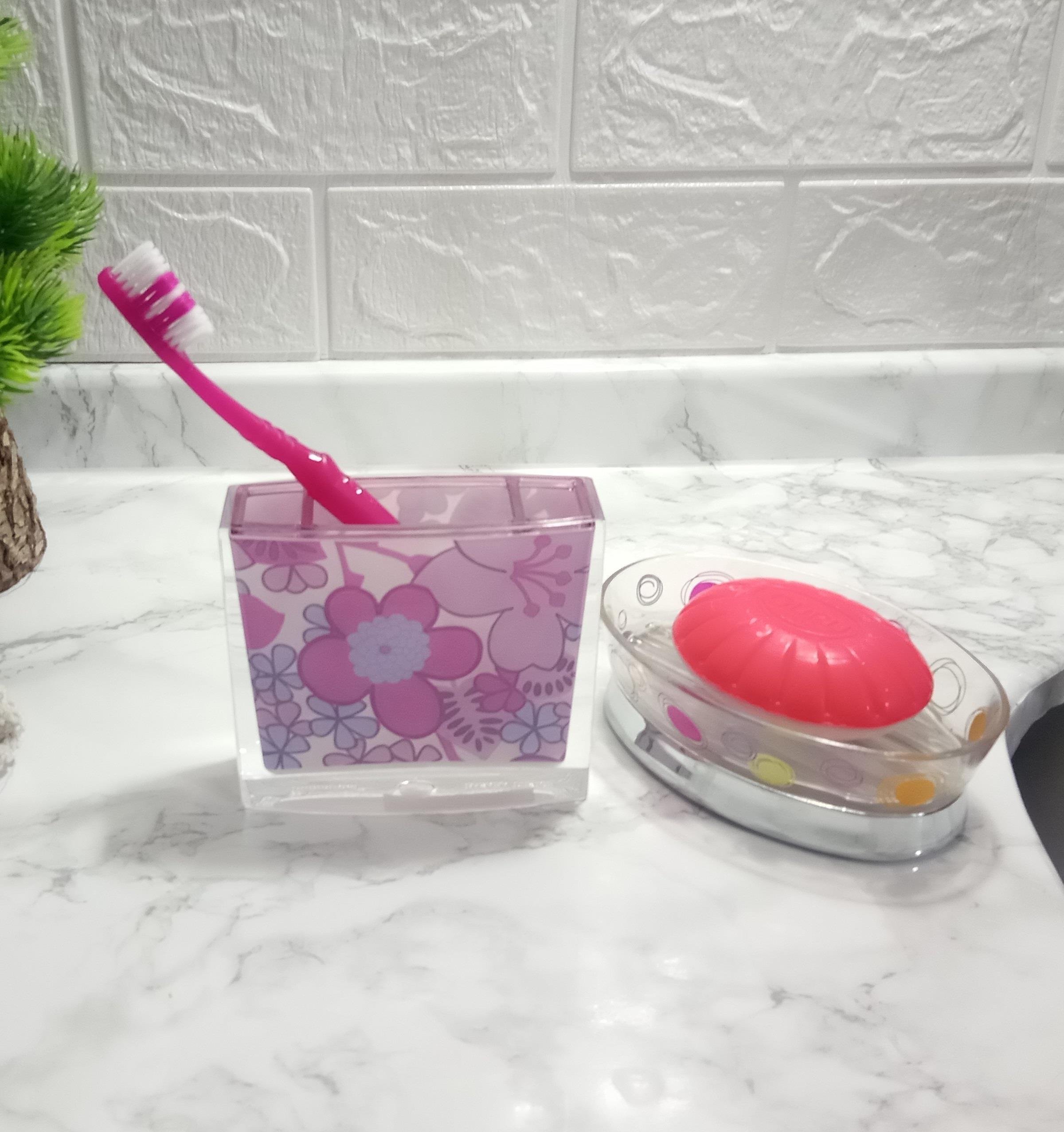 Diş Fırçalık Sabunluk 2 Li Banyo Seti,Pembe Çiçekli Akrilik