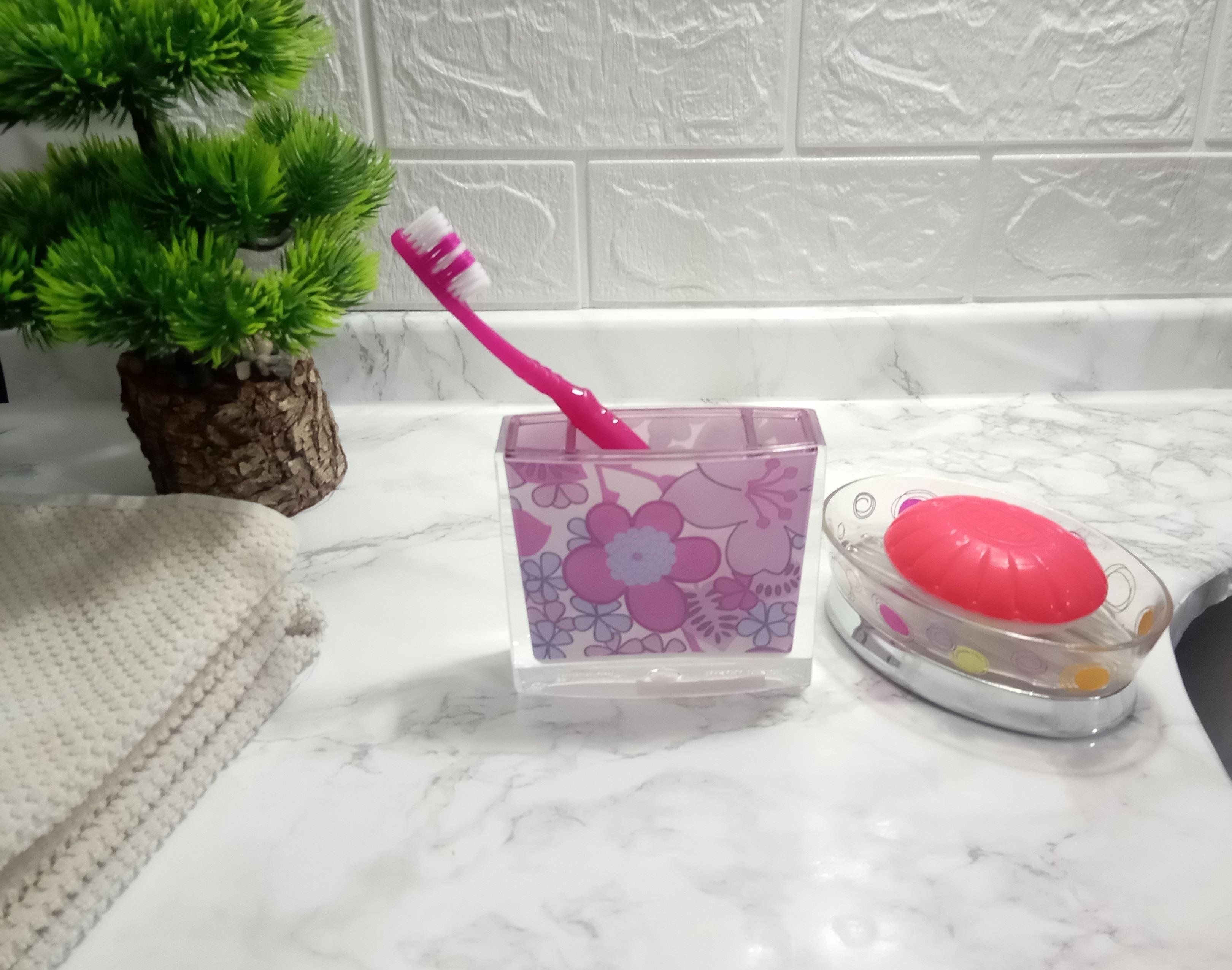 Diş Fırçalık Sabunluk 2 Li Banyo Seti,Pembe Çiçekli Akrilik