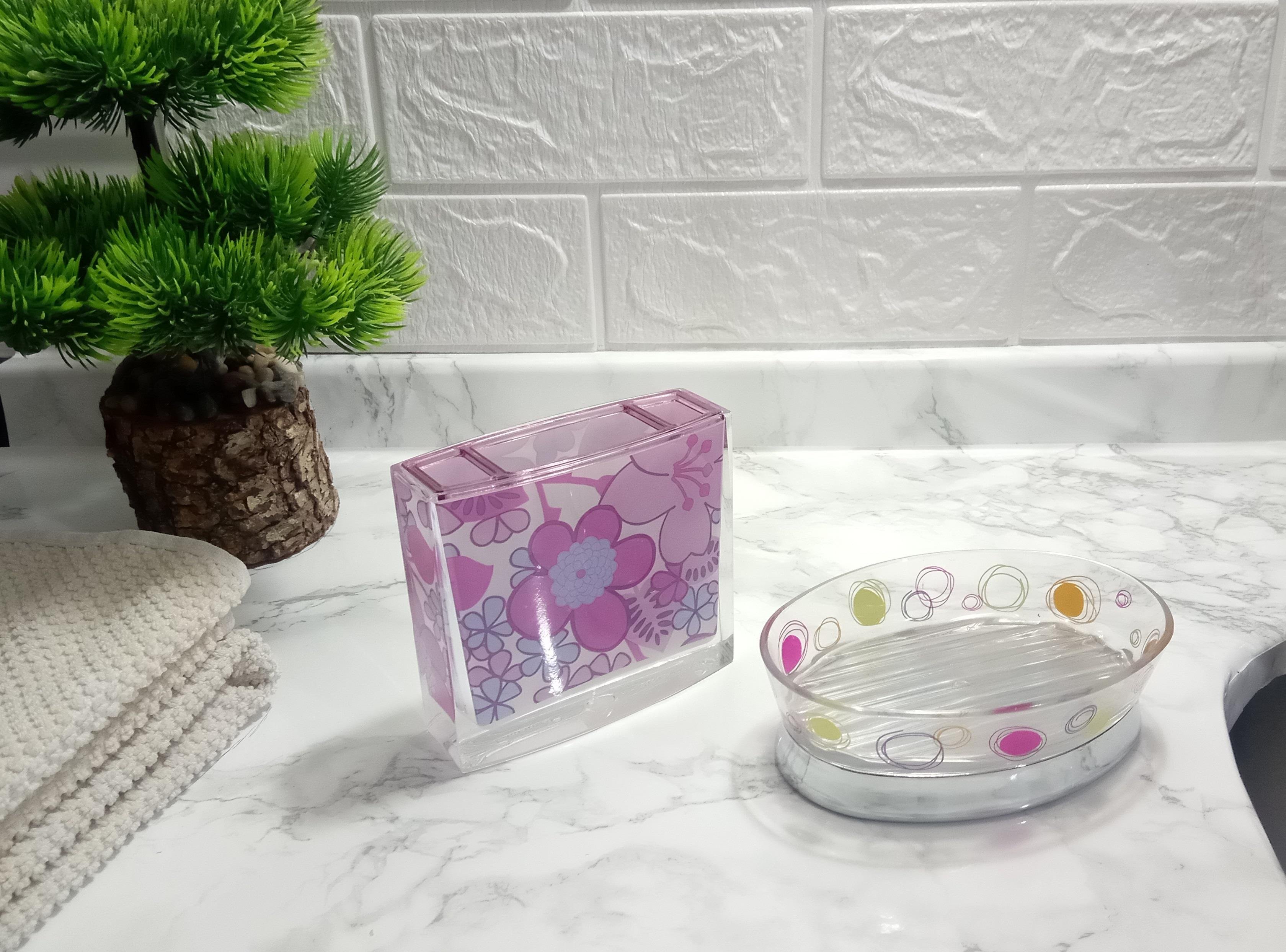 Diş Fırçalık Sabunluk 2 Li Banyo Seti,Pembe Çiçekli Akrilik