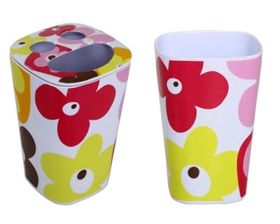 Diş fırçalık ve macun kabi 2 Li Banyo Seti ,Kırmızı Papatya Melamin