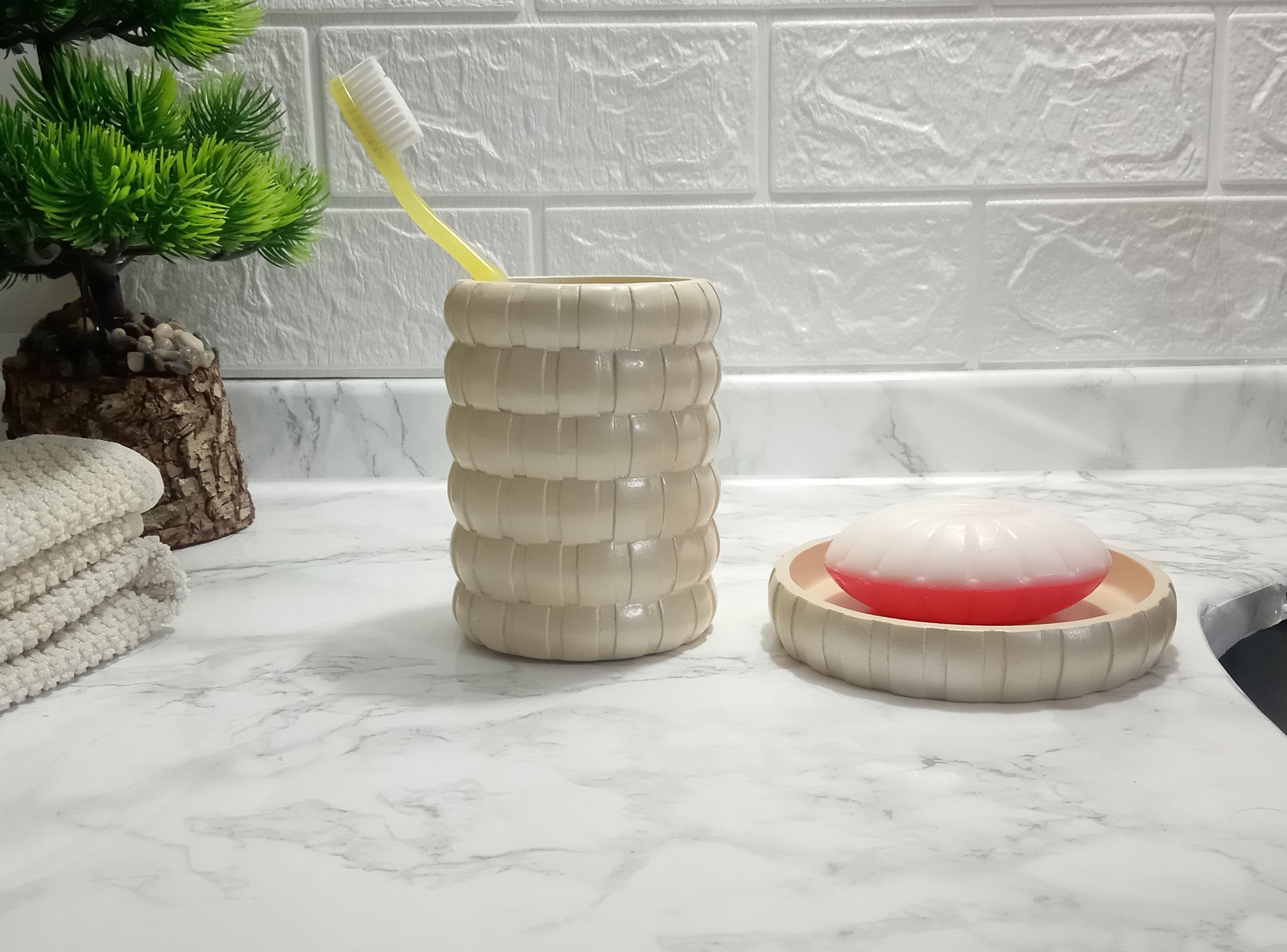 Diş Fırçalık Ve Sabunluk 2 Li Banyo Seti,Krem Örgü