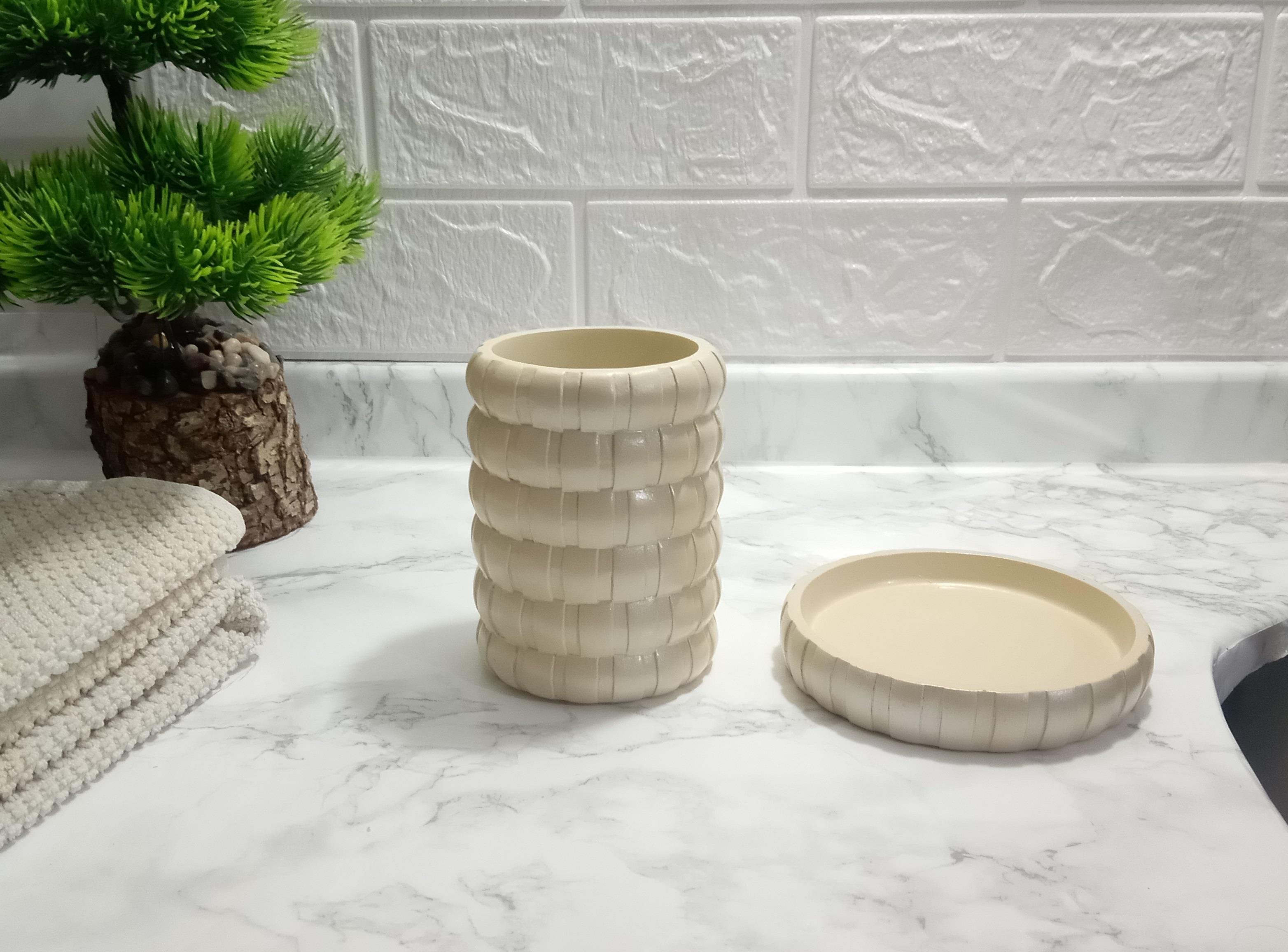 Diş Fırçalık Ve Sabunluk 2 Li Banyo Seti,Krem Örgü