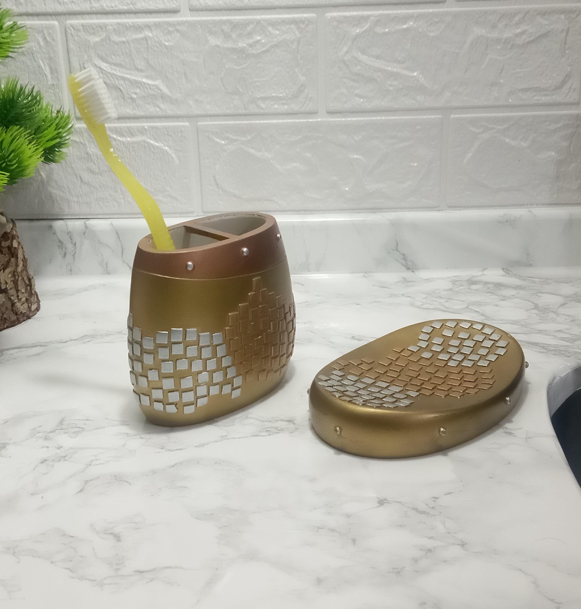 Diş Fırçalık Ve Sabunluk 2 Li Banyo Seti,Altın Mozaik