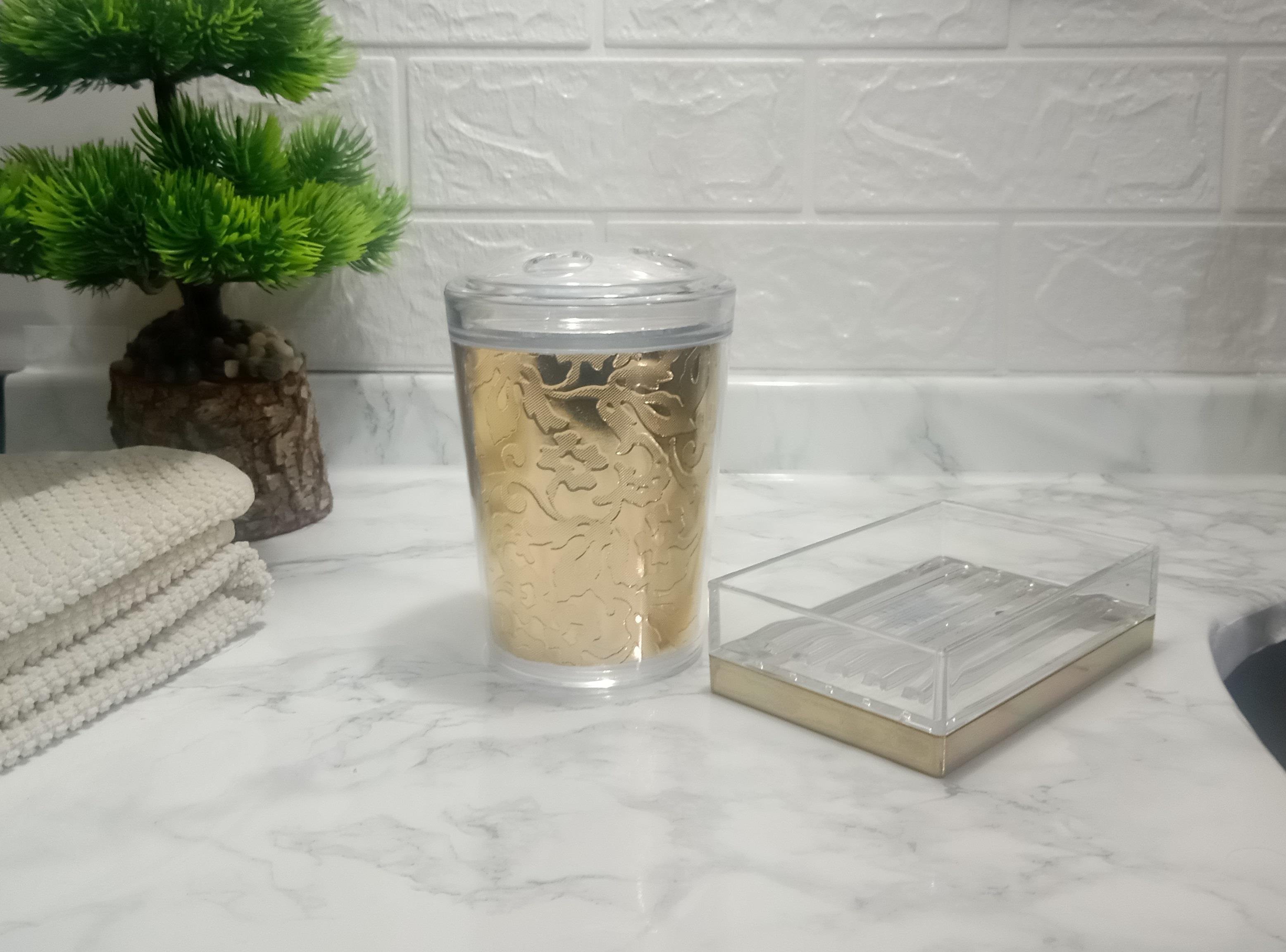 Diş Fırçalık Ve Sabunluk 2 Li Banyo Seti,Altın Yapraklı