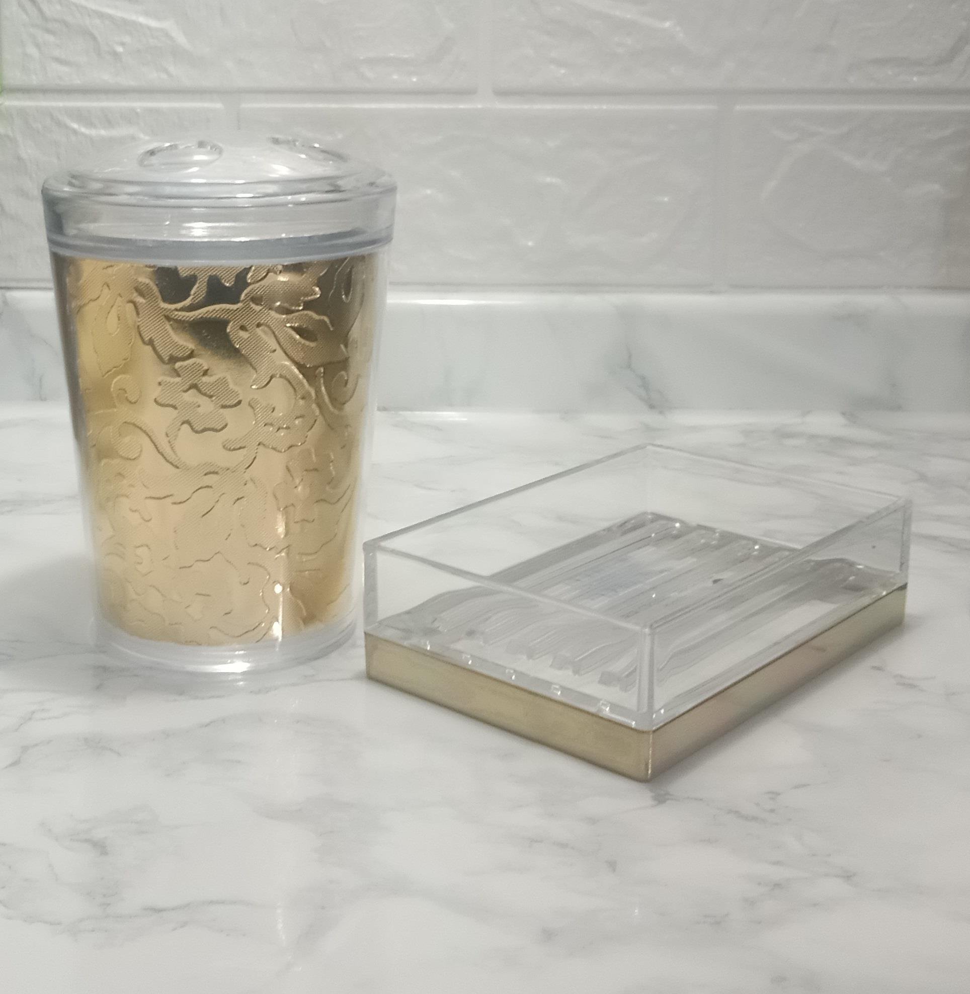 Diş Fırçalık Ve Sabunluk 2 Li Banyo Seti,Altın Yapraklı