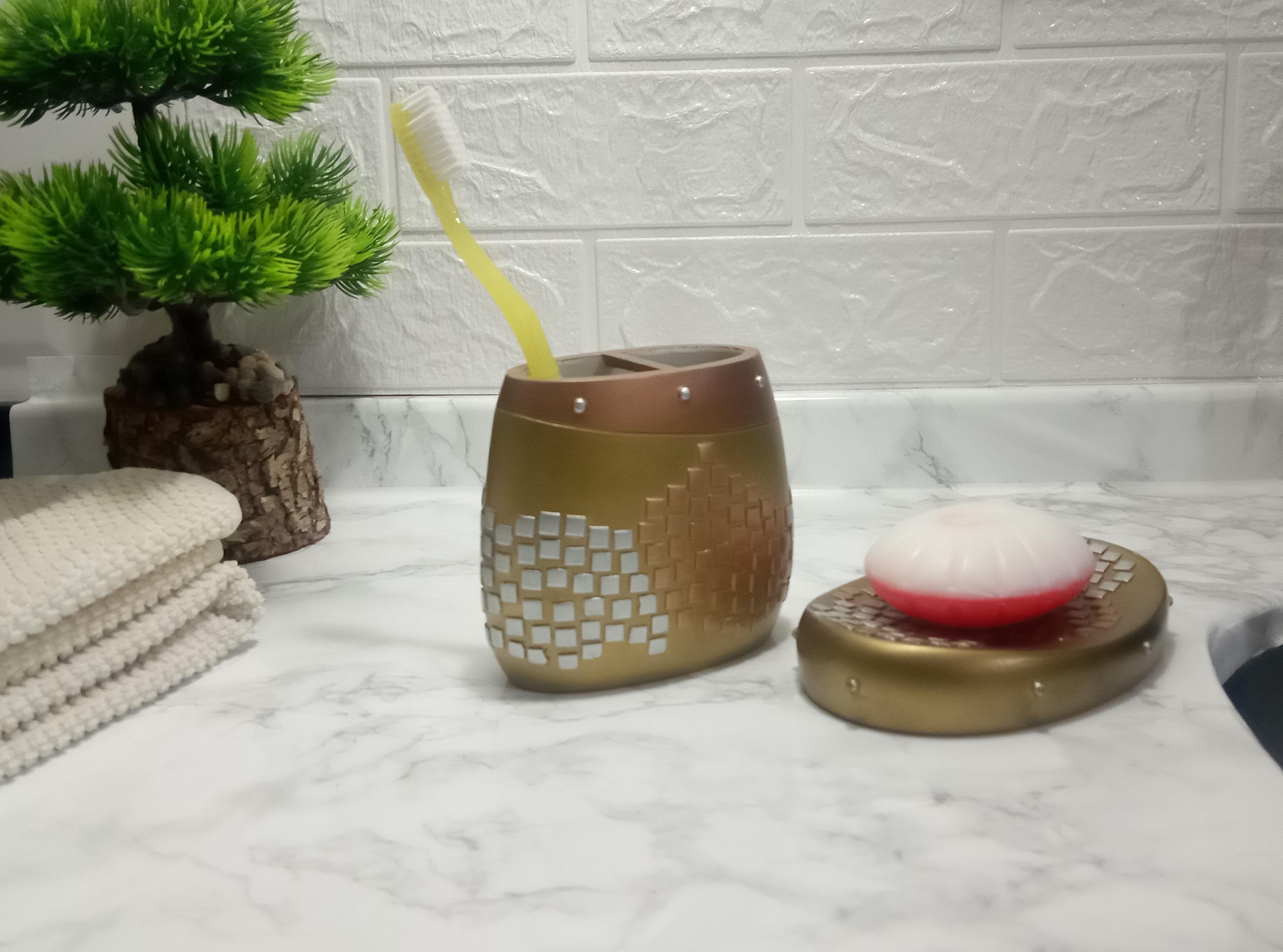 Diş Fırçalık Ve Sabunluk 2 Li Banyo Seti,Altın Mozaik