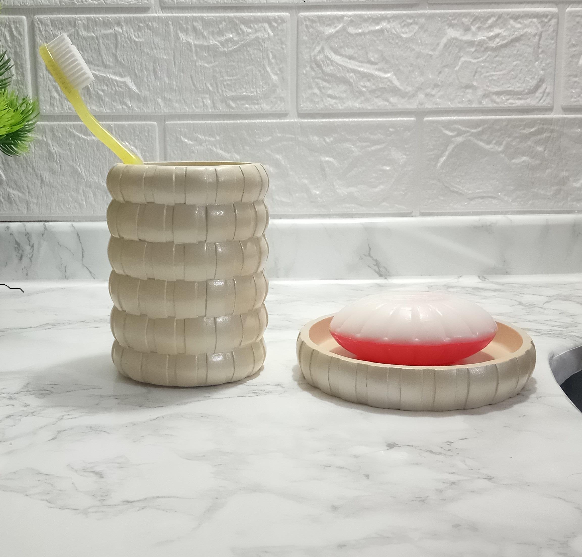 Diş Fırçalık Ve Sabunluk 2 Li Banyo Seti,Krem Örgü