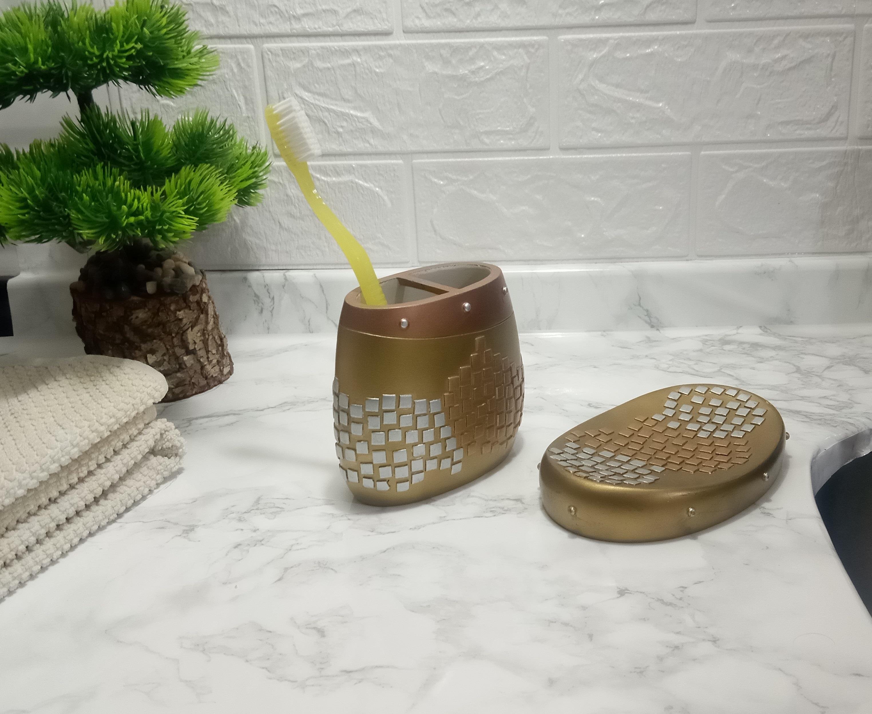 Diş Fırçalık Ve Sabunluk 2 Li Banyo Seti,Altın Mozaik
