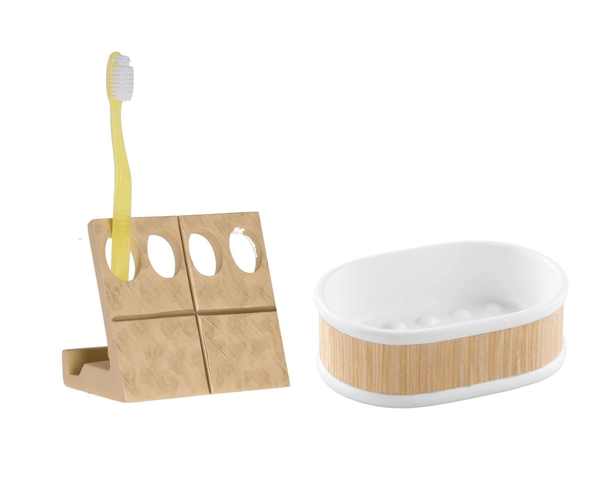 Diş Fırçalık,Sabunluk 2 Li Banyo Seti,Altın Ve Ahşap Tasarım
