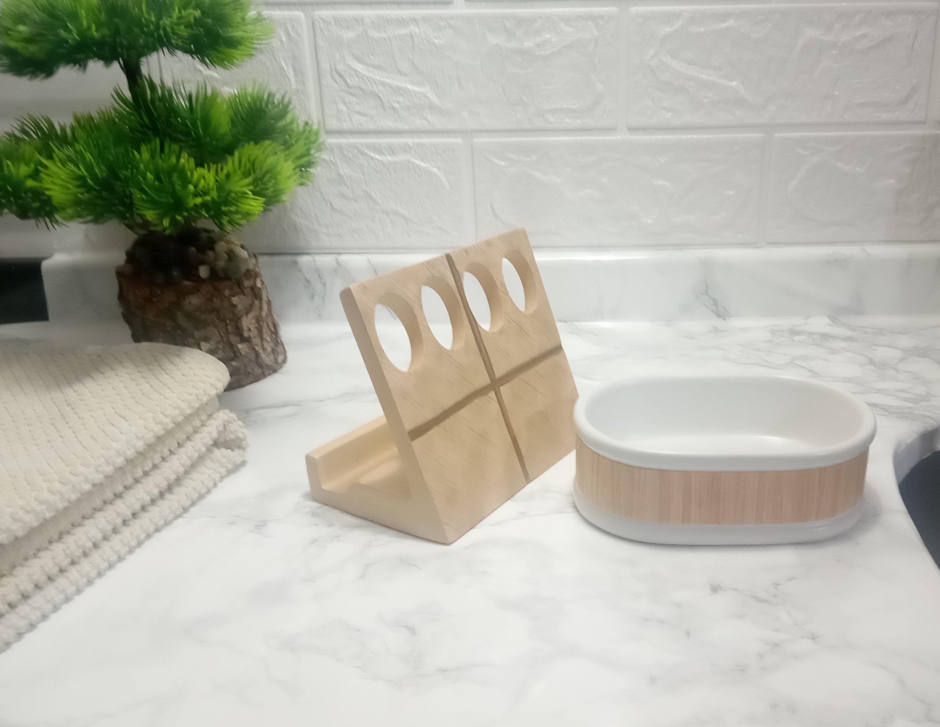 Diş Fırçalık,Sabunluk 2 Li Banyo Seti,Altın Ve Ahşap Tasarım