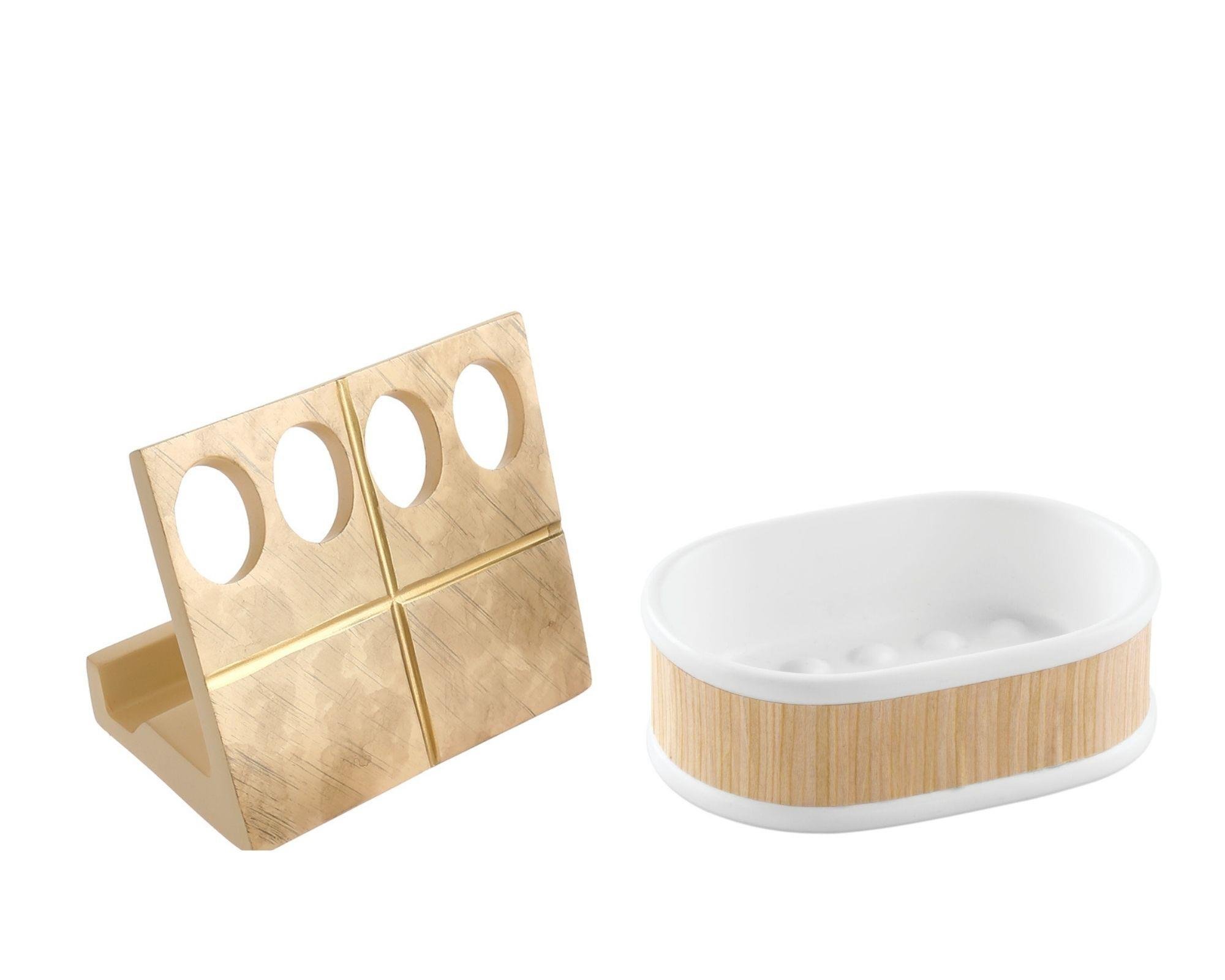 Diş Fırçalık,Sabunluk 2 Li Banyo Seti,Altın Ve Ahşap Tasarım
