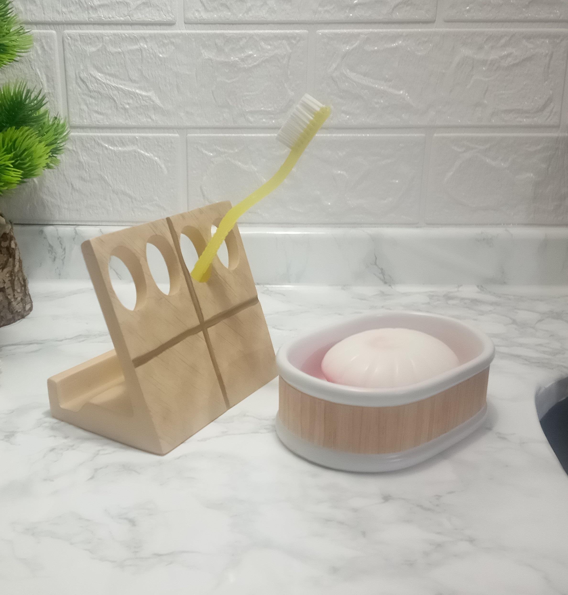 Diş Fırçalık,Sabunluk 2 Li Banyo Seti,Altın Ve Ahşap Tasarım