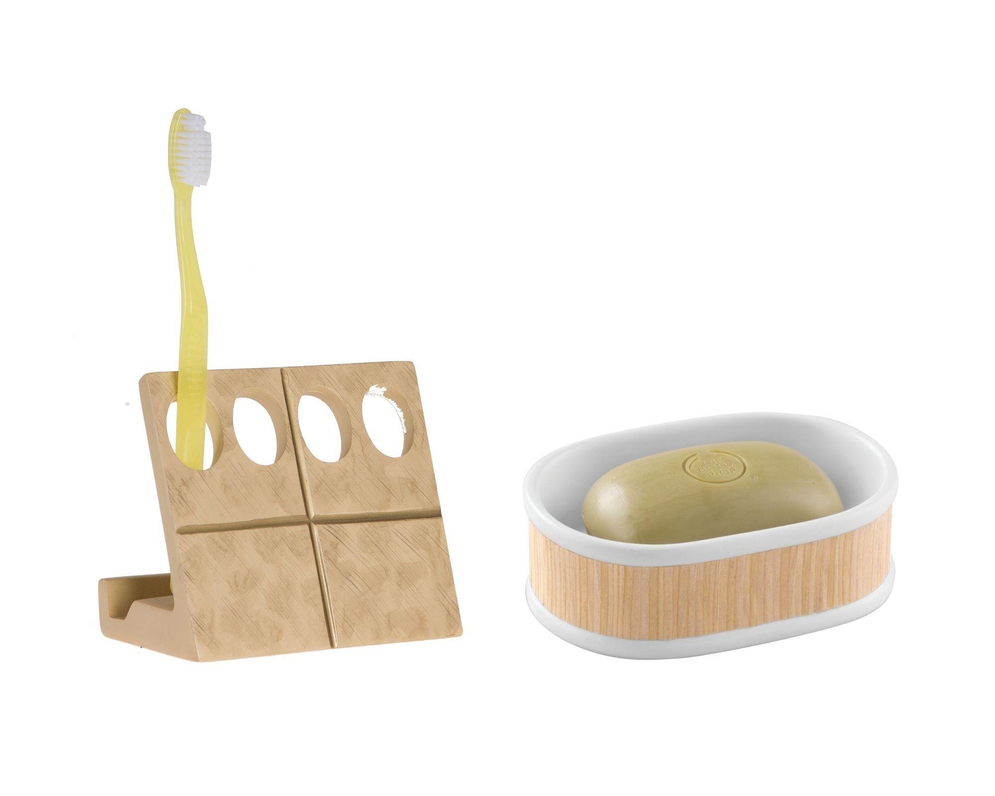 Diş Fırçalık,Sabunluk 2 Li Banyo Seti,Altın Ve Ahşap Tasarım