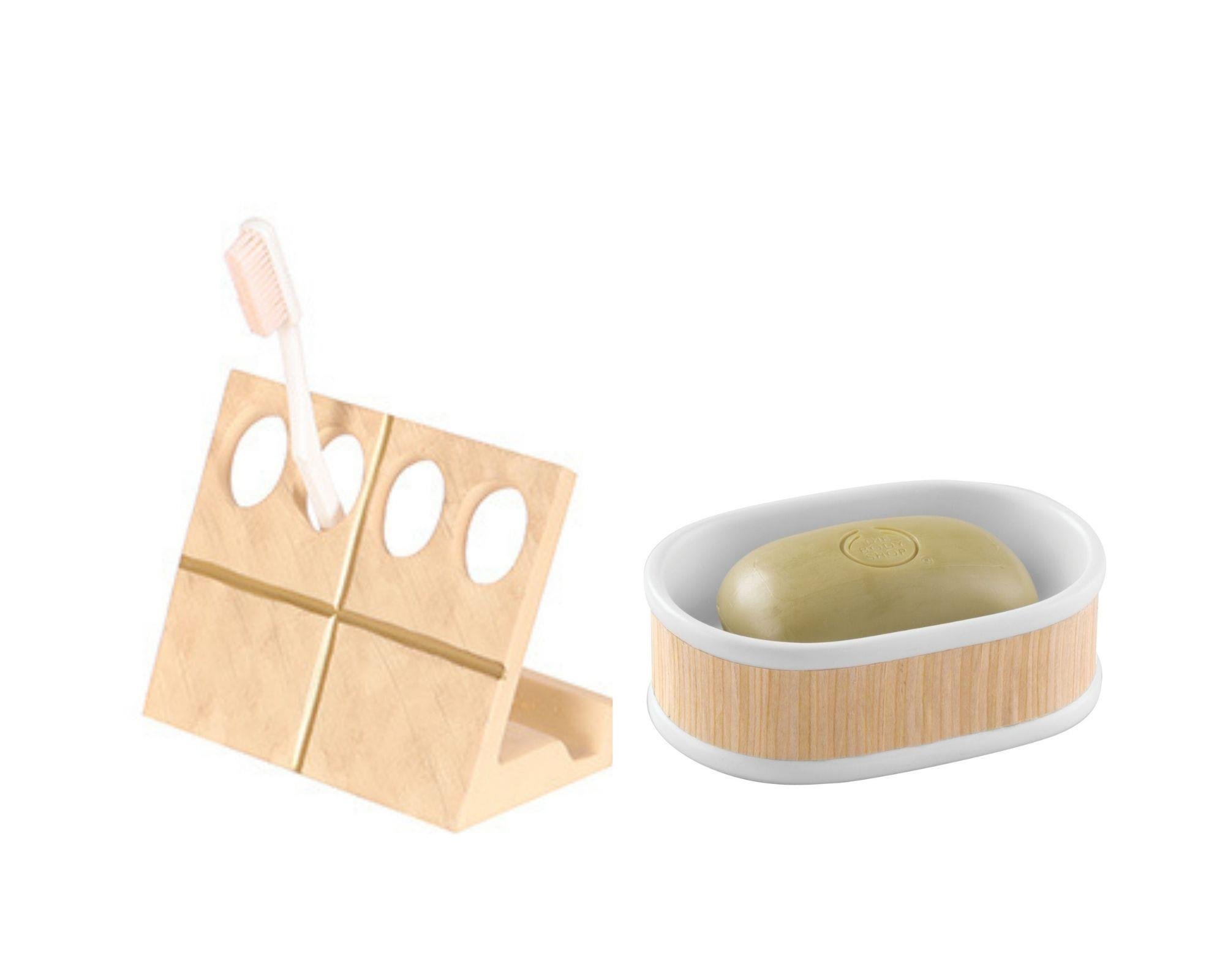 Diş Fırçalık,Sabunluk 2 Li Banyo Seti,Altın Ve Ahşap Tasarım