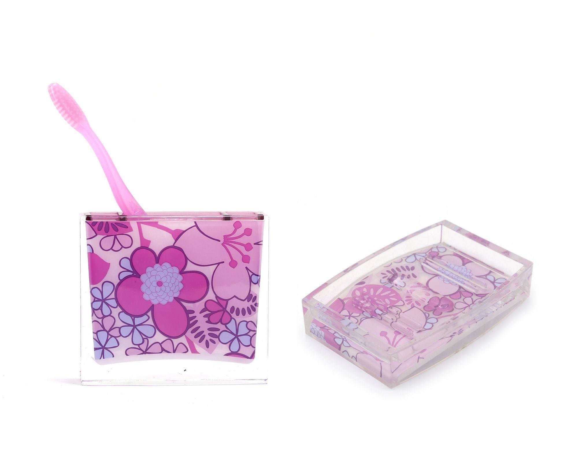 Diş Fırçalık,Sabunluk 2 Li Banyo Seti,Pembe Çiçekli Akrilik
