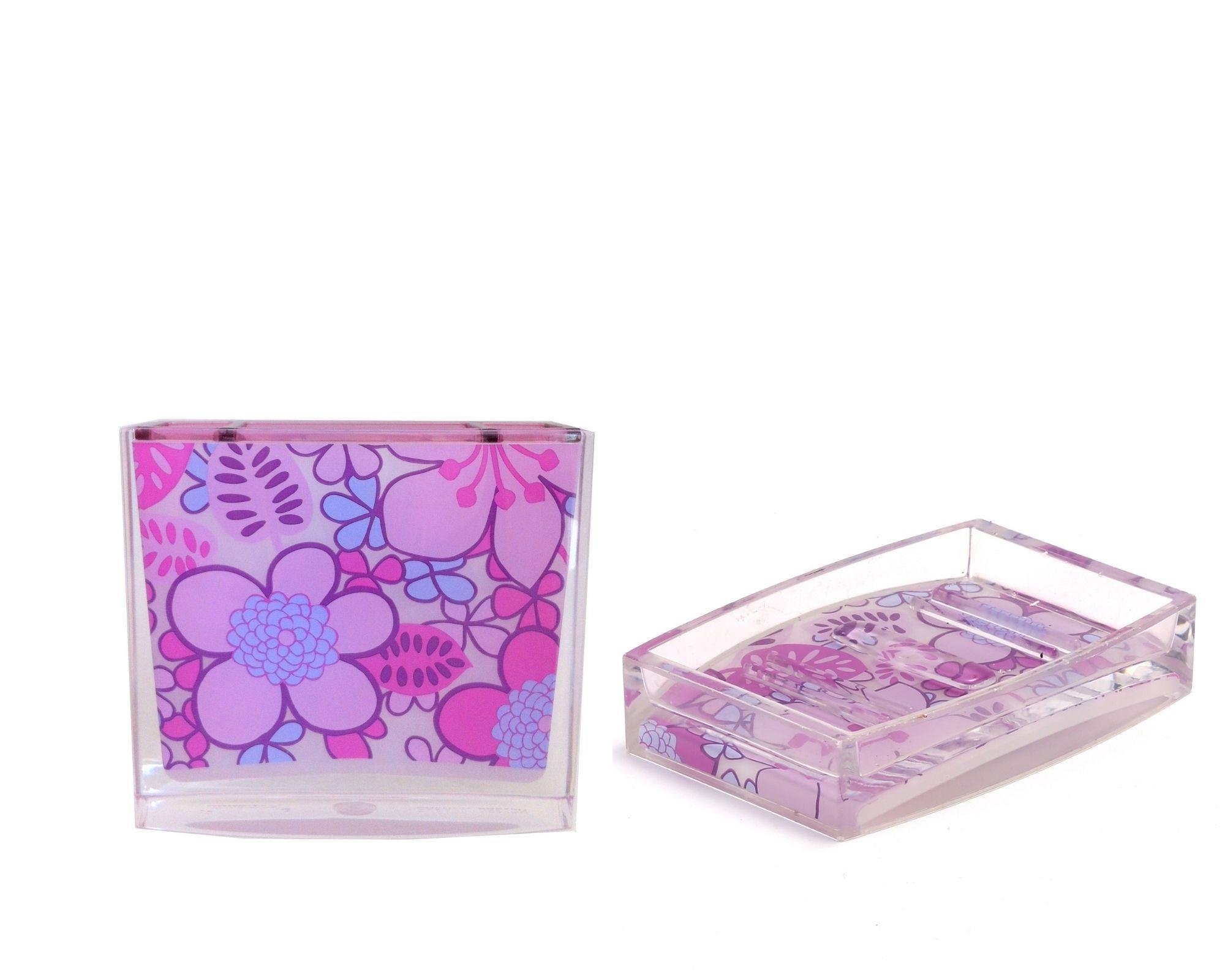 Diş Fırçalık,Sabunluk 2 Li Banyo Seti,Pembe Çiçekli Akrilik