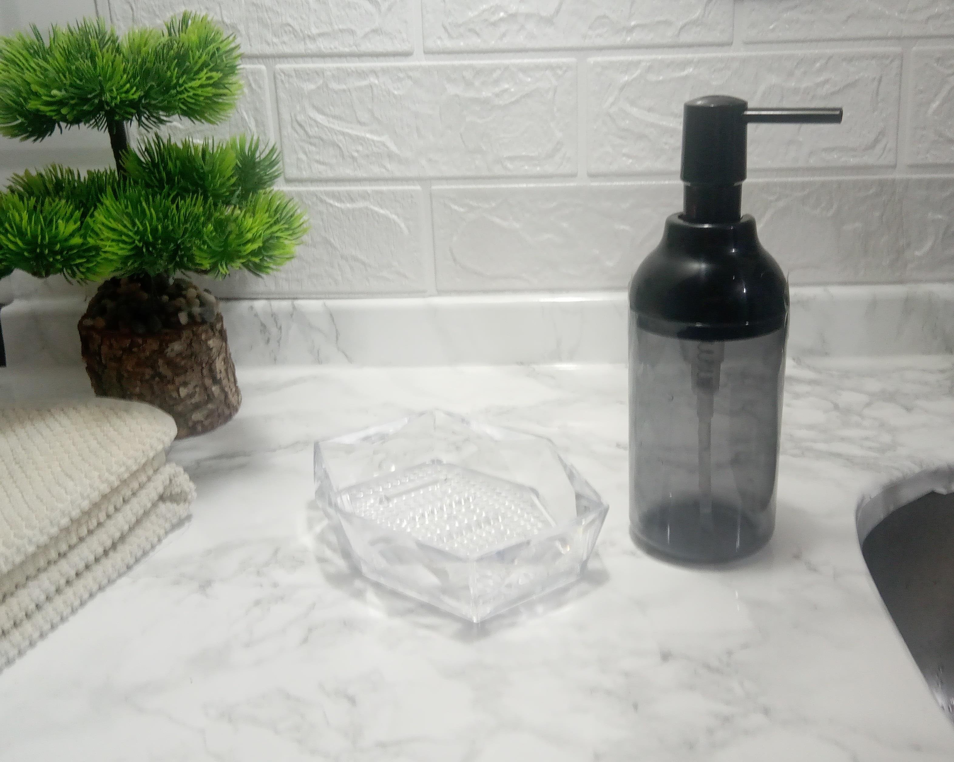 Füme Siyah Akrilik Sıvı Sabunluk Ve Sabunluk 2 Li Banyo Seti