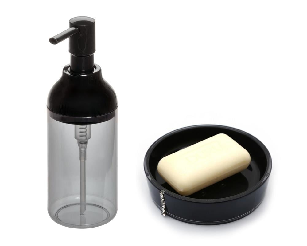 Füme Siyah Akrilik Sıvı Sabunluk Ve Siyah Taşlı Sabunluk 2 Li Banyo Seti