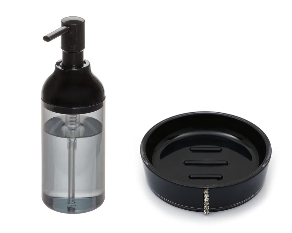 Füme Siyah Akrilik Sıvı Sabunluk Ve Siyah Taşlı Sabunluk 2 Li Banyo Seti