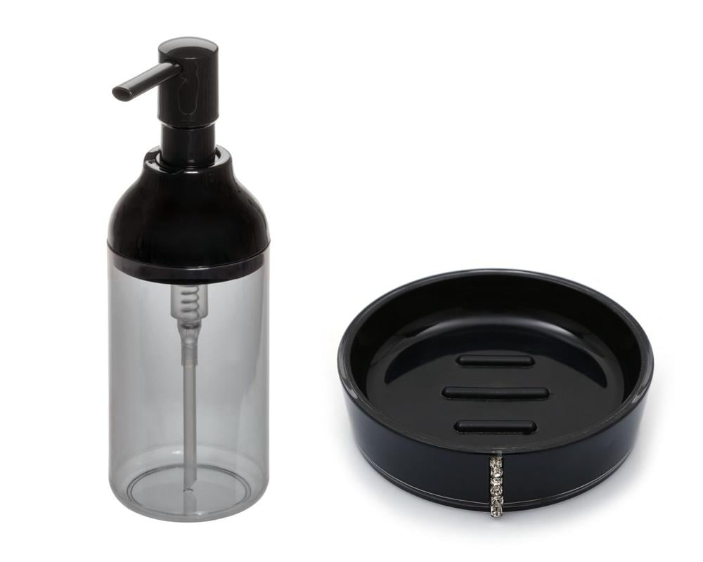 Füme Siyah Akrilik Sıvı Sabunluk Ve Siyah Taşlı Sabunluk 2 Li Banyo Seti