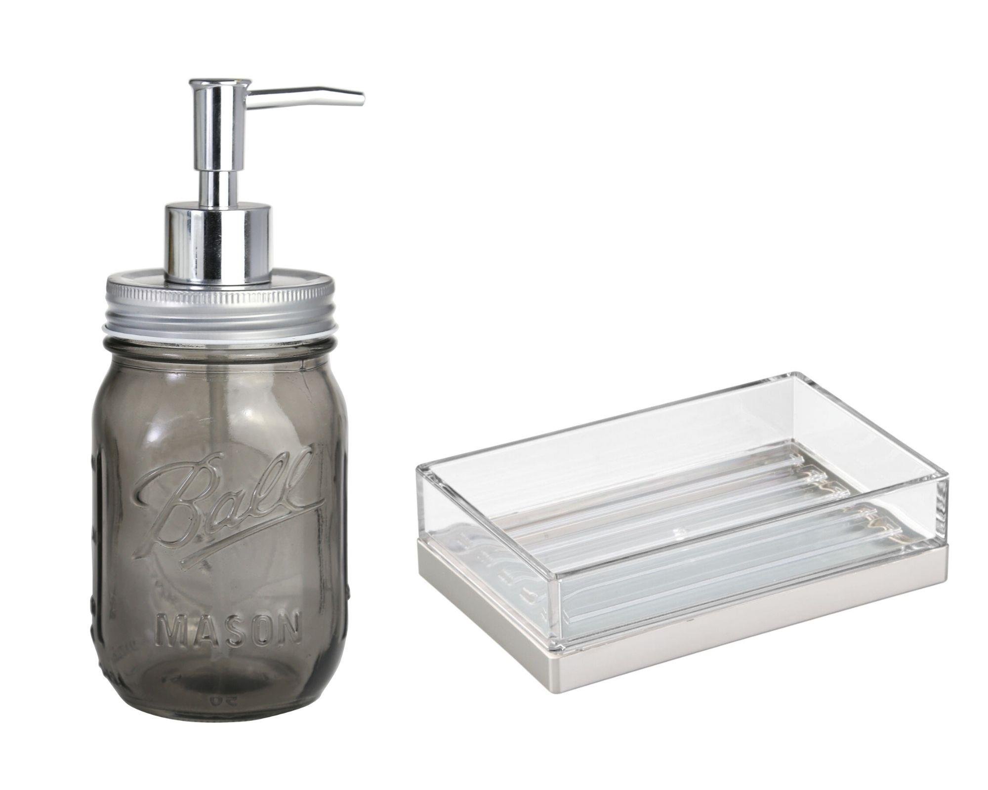 Gri Cam Sıvı Sabunluk Ve Akrilik  Sabunluk 2 Li Banyo Seti