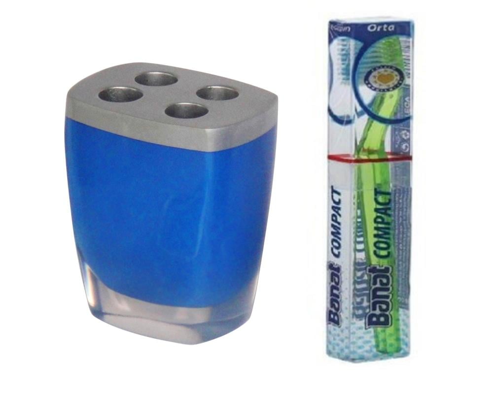 Gri Mavi Poliresin Diş Fırçalık Ve 1 Adet Diş Fırçası 8x4x11cm