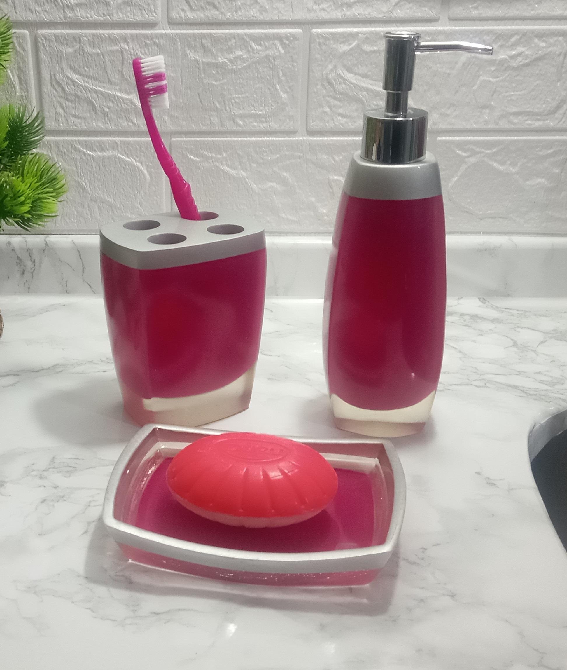Gri Pembe 3 Lü Banyo Seti Poliresin