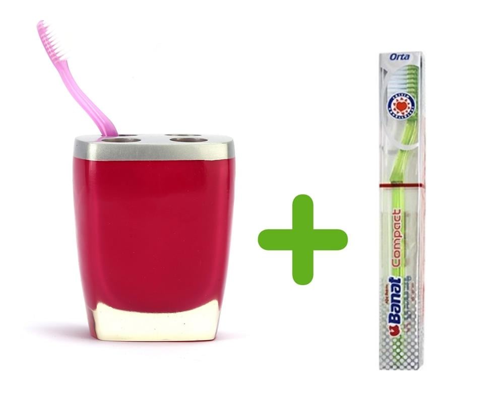 Gri Pembe Poliresin Diş Fırçalık Ve 1 Adet Diş Fırçası 8x4x11cm