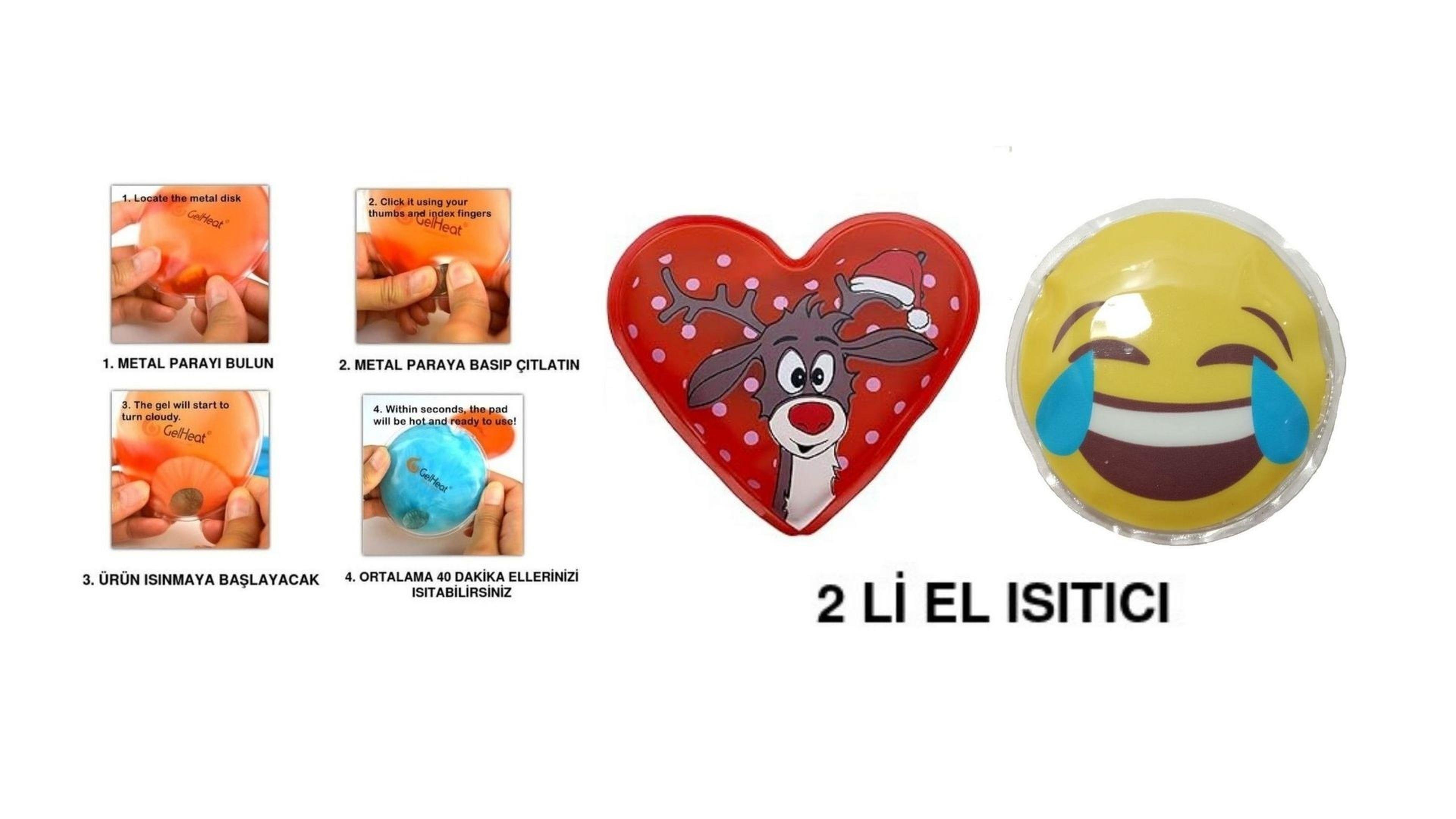 Gülen Emoji Kırmızı Geyik Cep Sobası,El Isıtıcı,İki Adet Sıcak Su Torbası Pvc  9Cm