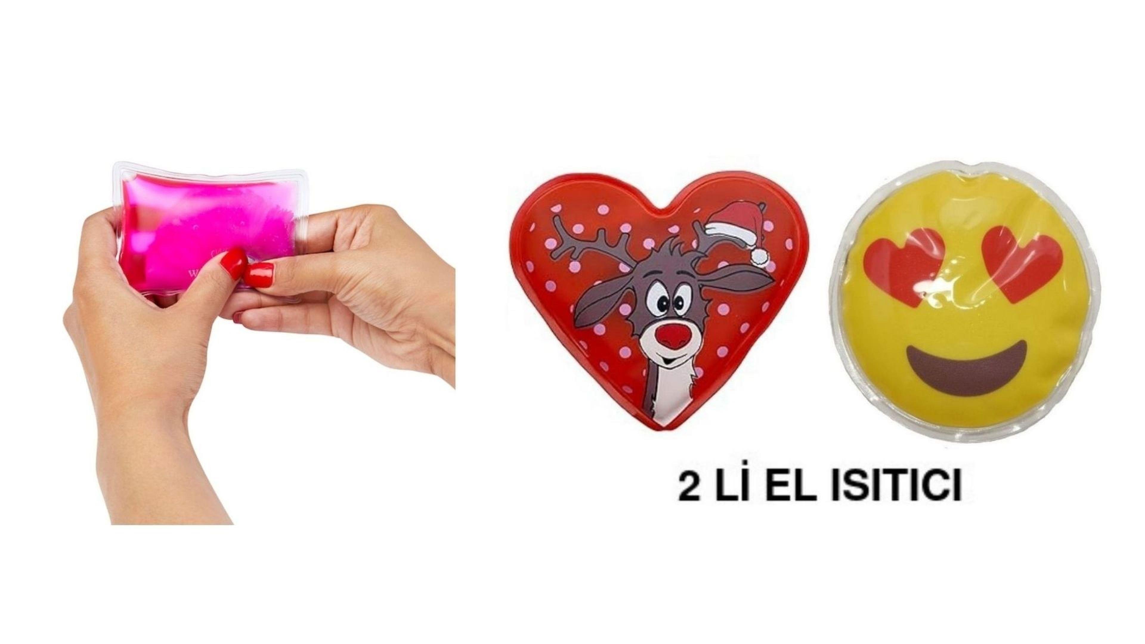 Kalp Emoji Kırmızı Geyik Cep Sobası,El Isıtıcı,İki Adet Sıcak Su Torbası Pvc  9Cm