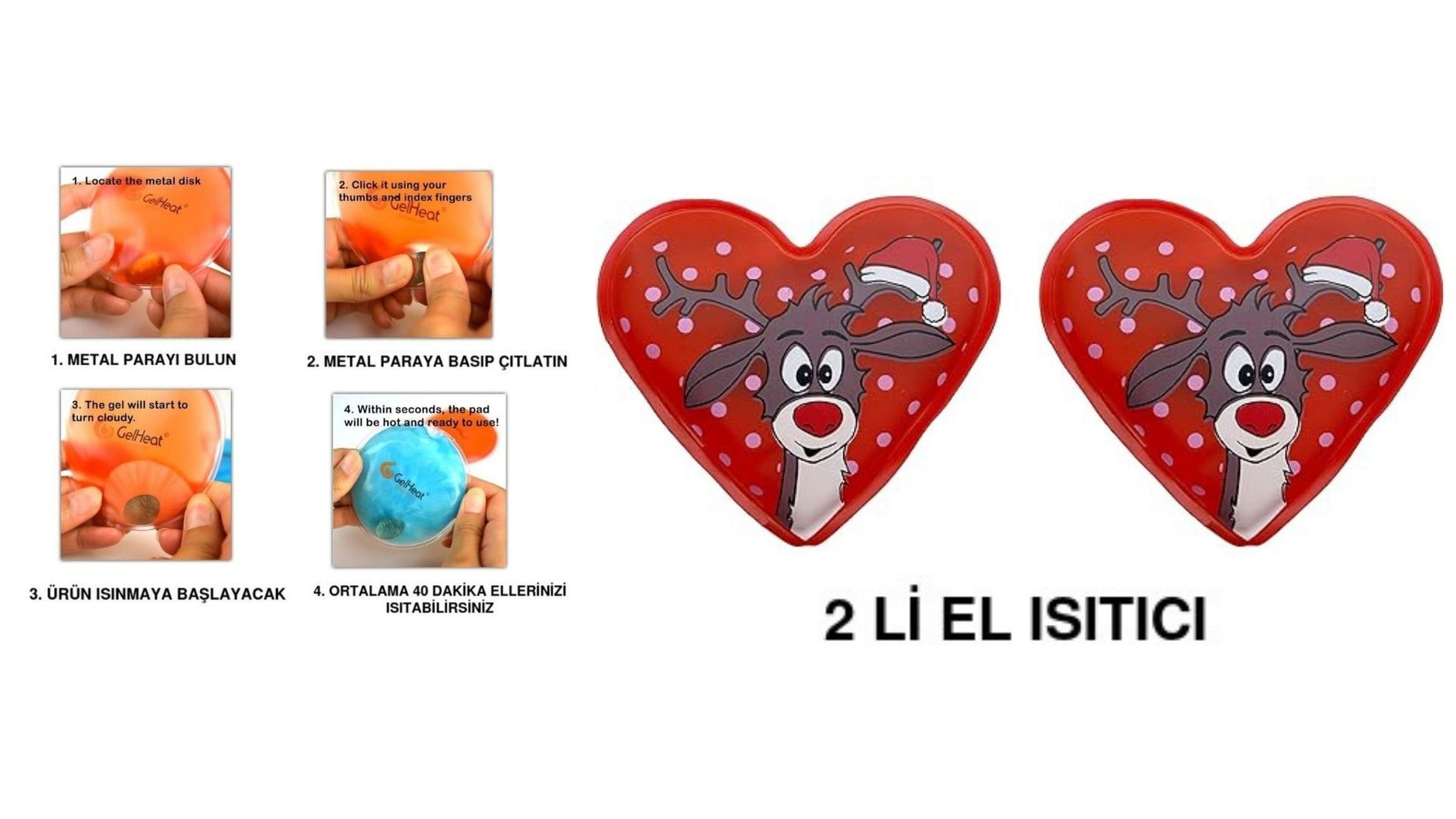 Kalp Geyik Cep Sobası,El Isıtıcı,İki Adet Sıcak Su Torbası Pvc Kırmızı 9Cm