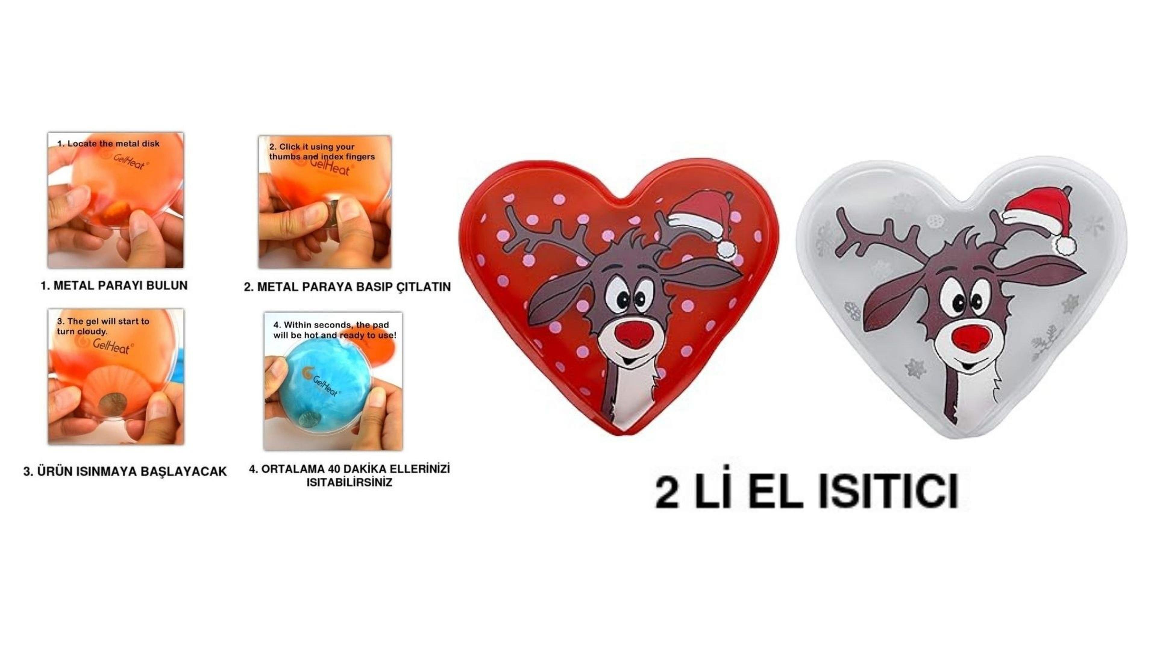 Kalp Geyik Cep Sobası,El Isıtıcı,İki Adet Sıcak Su Torbası Pvc  9Cm