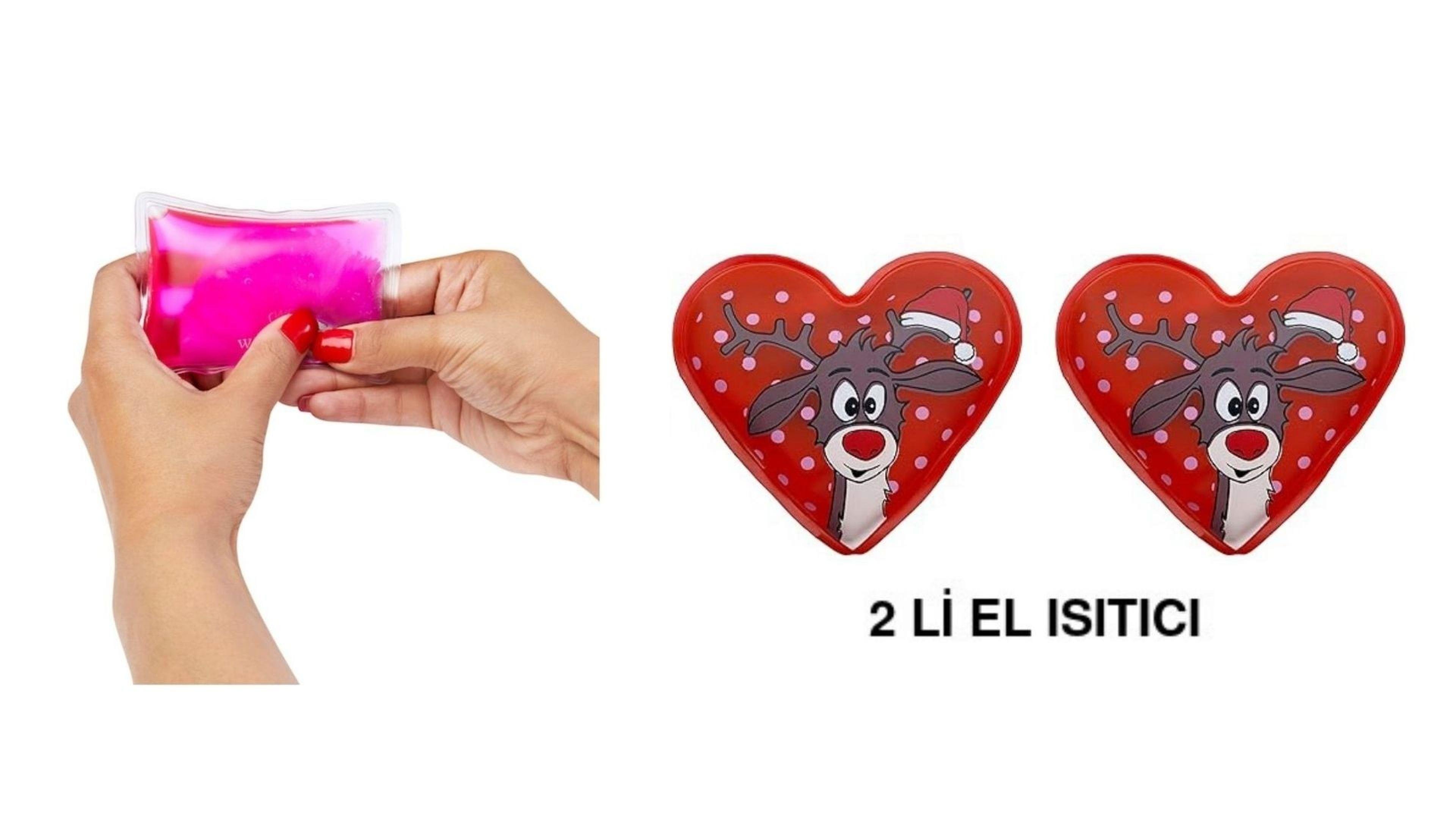 Kalp Geyik Cep Sobası,El Isıtıcı,İki Adet Sıcak Su Torbası Pvc Kırmızı 9Cm